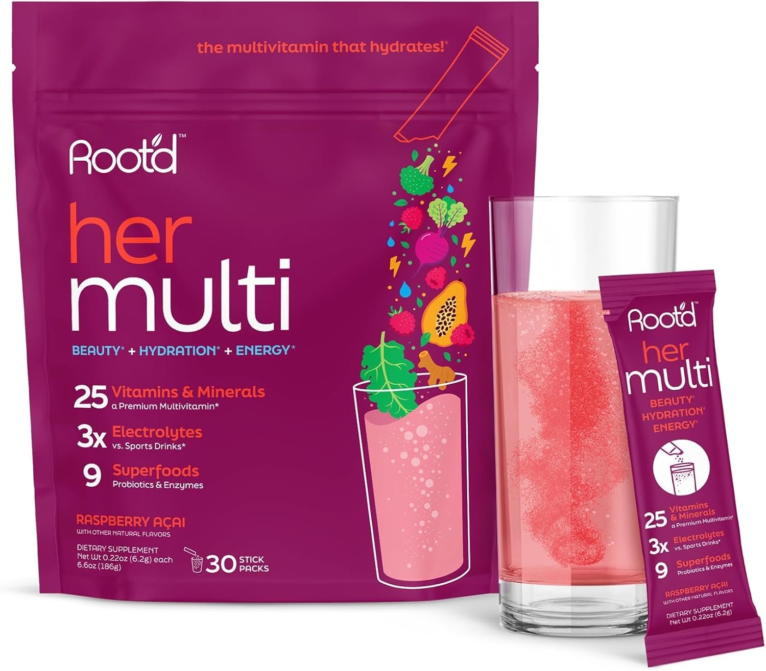 Root’d Multivitamin Powder for Women – 25 Vitamins & Minerals with 3X Electrolytes, 9 Organic Superfoods, Probiotics & Enzymes, Sugar-Free Multivitamin & Hydration | 30 Vitamin Drink Mix Packets