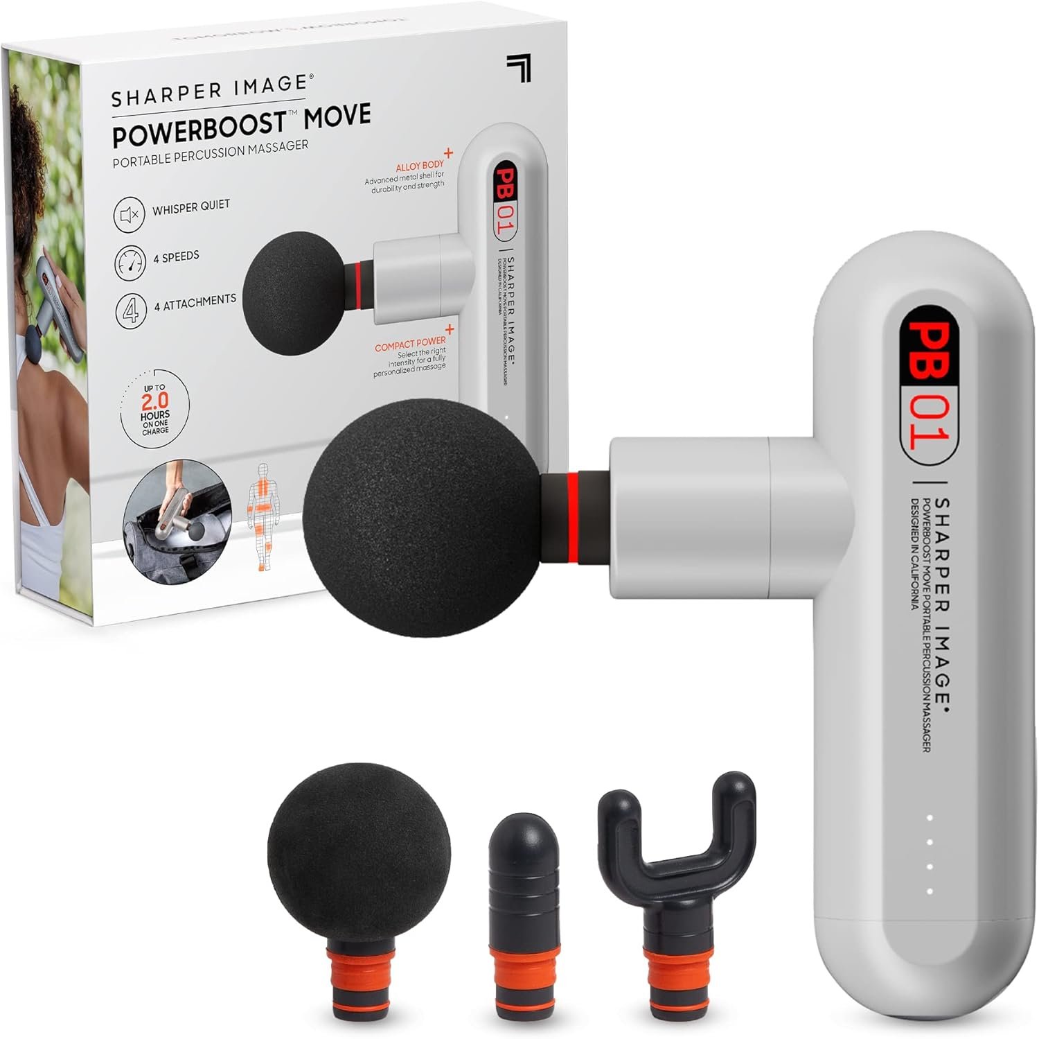 Sharper Image Powerboost Move – Mini Percussion Massage Gun| 4 Attachments, 4 Speeds, FSA Eligible| Full Body Back & Shoulder Massager| Deep Tissue Muscle Recovery| Portable Pain Relief Massage Tool