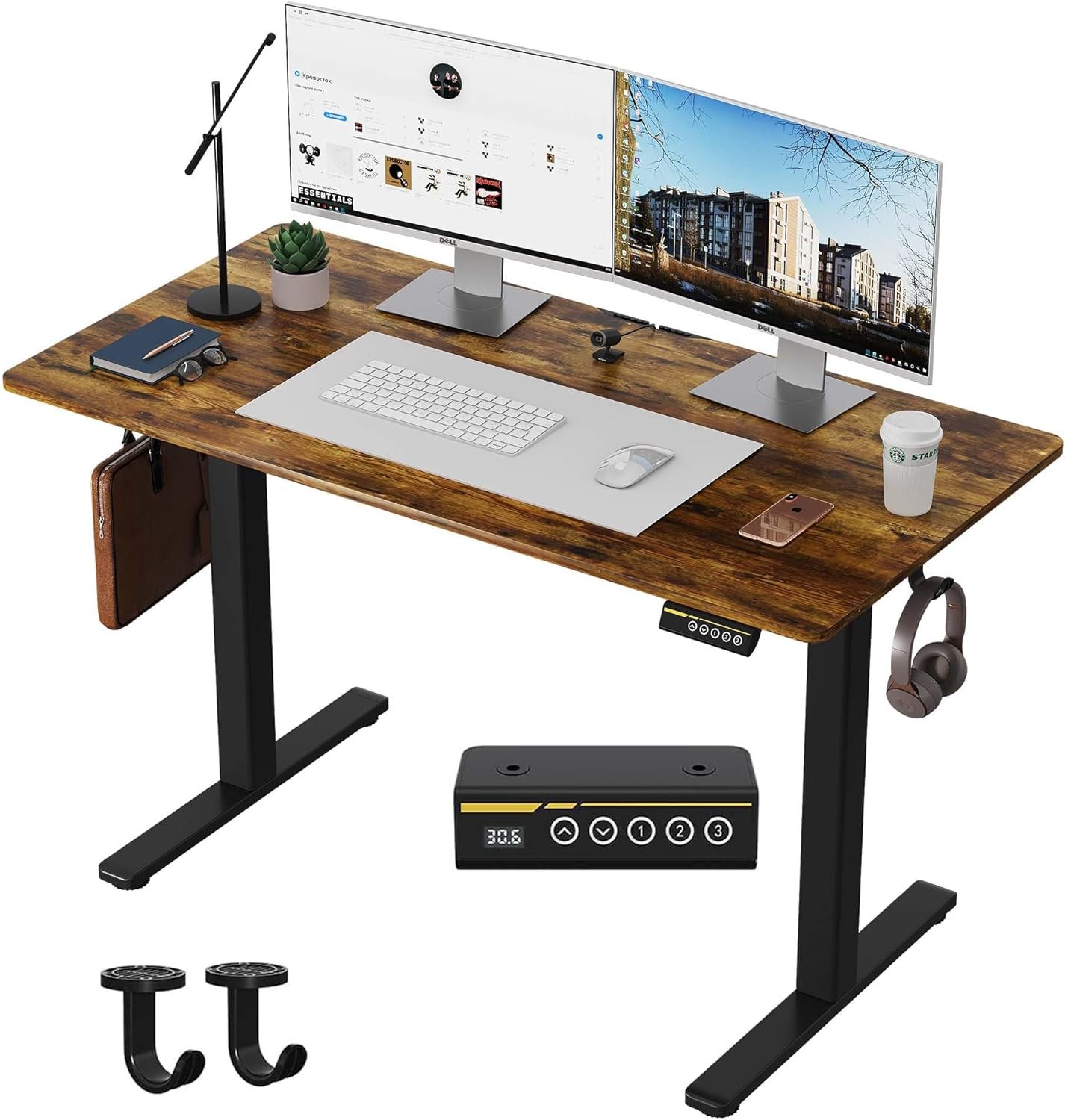 Electric Standing Desk,48×24 Inches Adjustable Height Stand up Desk, Sit Stand Home Office Desk with Splice Board, 3 Preset Heights,Equipped with Hooks,Ergonomic Computer Workstation，Brown