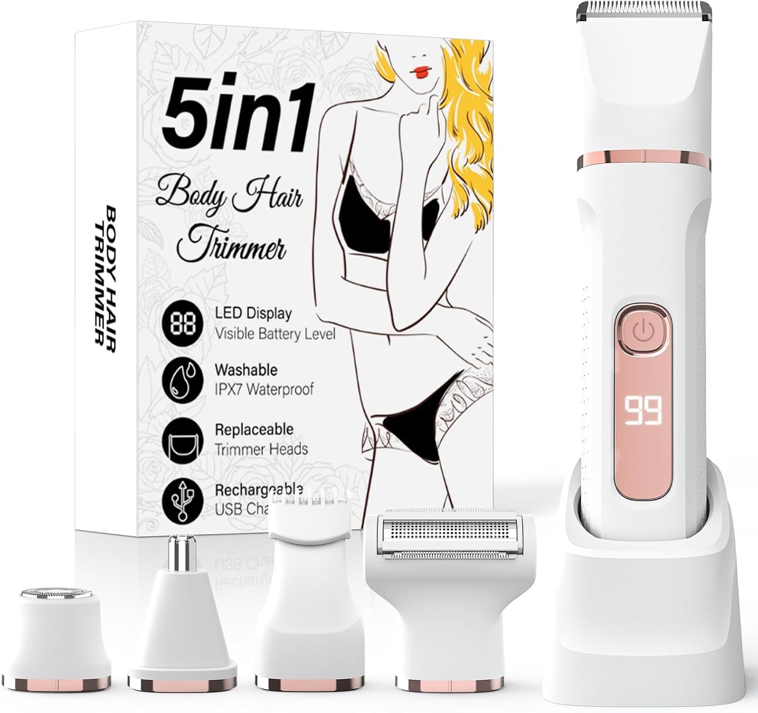 Bikini Trimmer for Women,5-in-1 Electric Razors for Women,Electric Shaver for Women’s,IPX7 Waterproof Trimmer for Men Legs,with 5 Replaceable Blade Heads,USB Recharge Dock（White）