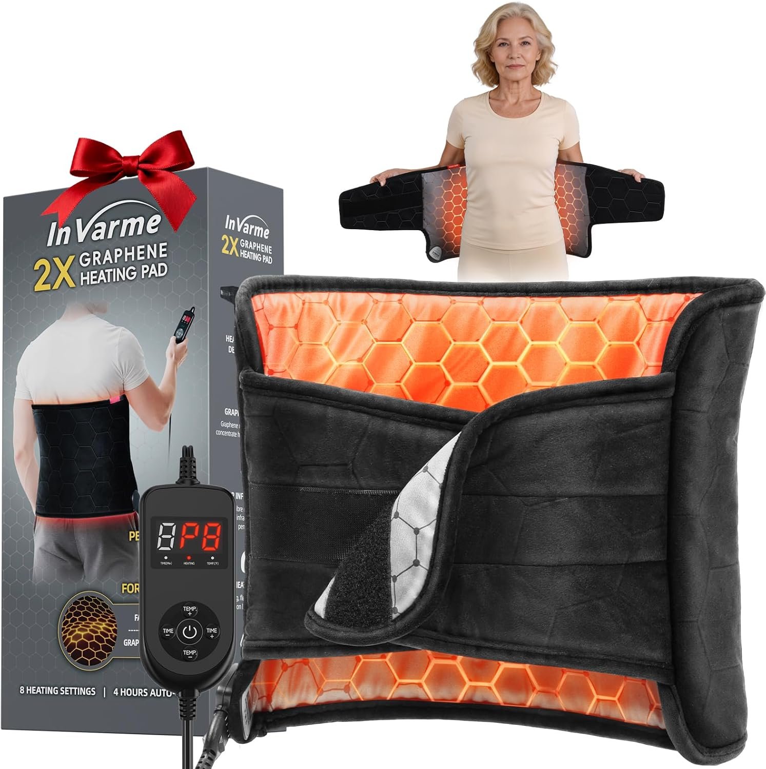 Extra-Hot Heating Pad for Back: 160℉ High Temp 3s Heats Up Quickly – Far Infrared Deep Fascial Relaxation Eases Muscle Stiffness Lower Back Pain for Women Men – 8 Temps 4H Auto Off Washable