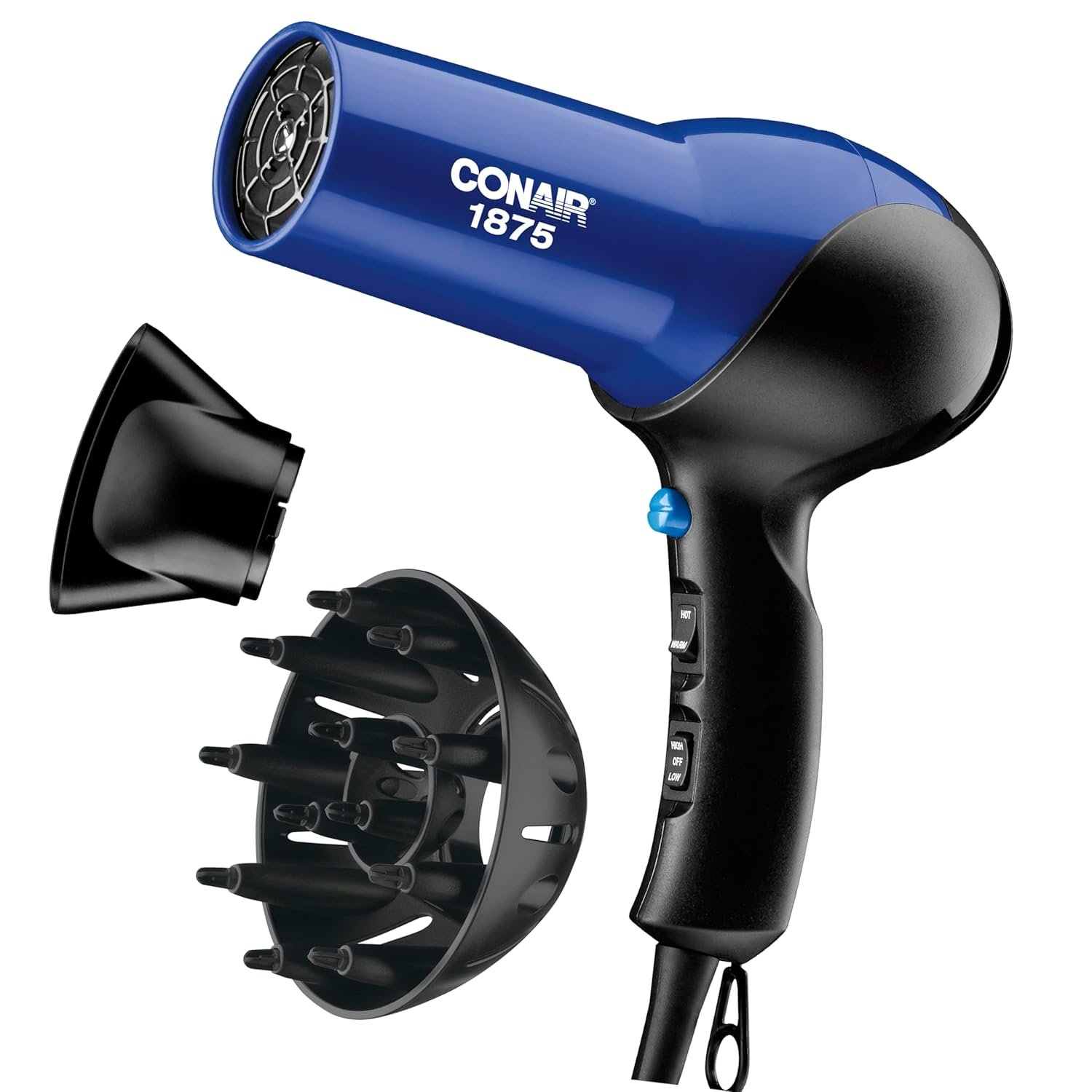 Conair Turbo 1875W Hair Dryer, Ionic Blow Dryer, Diffuser Hair Dryer for Frizz F-ree Curls & Waves, Fast-Dry Hair Dryers for Women, Hair Dryer with Diffuser, Hair Diffuser & Concentrator, Blue/Black