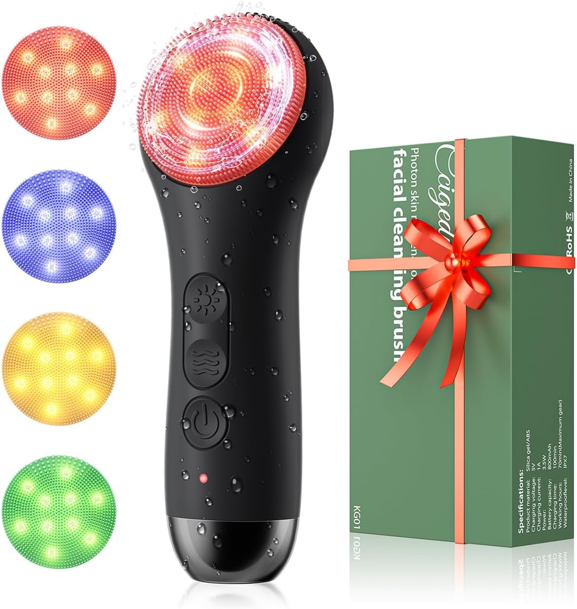 Face Scrubber Facial Cleansing Brush – Waterproof and Rechargeable Face Cleansing Brush with 4 LED Gentle Light, Cleansing, Exfoliating and Massaging, Electric Face Scrub Brush for Men & Women