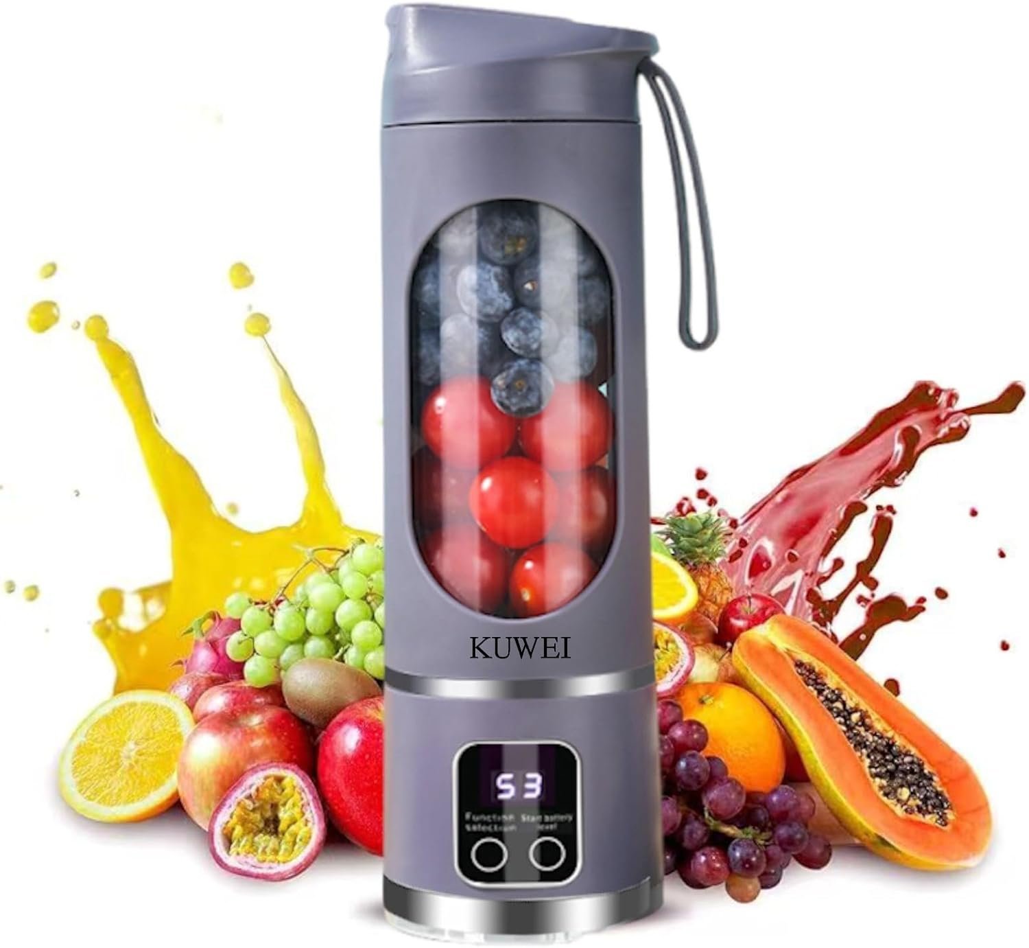 Portable blender,USB-C rechargeable,Personal compact travel juicer cup15OZ for Shakes, Smoothies,Fresh juice,Self-cleaning,Leakproof lid, Smart time display,12 blades,with strong blending Purple