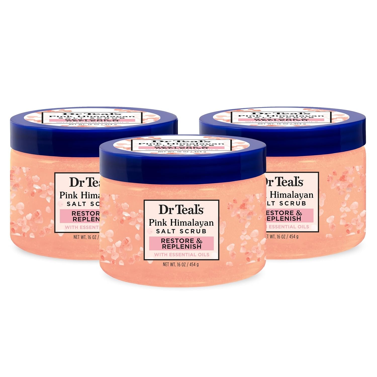 Dr Teal’s Pink Himalayan Salt Body Scrub, Restore & Replenish with Pure Epsom Salt & Essential Oils, 16 oz (Pack of 3)
