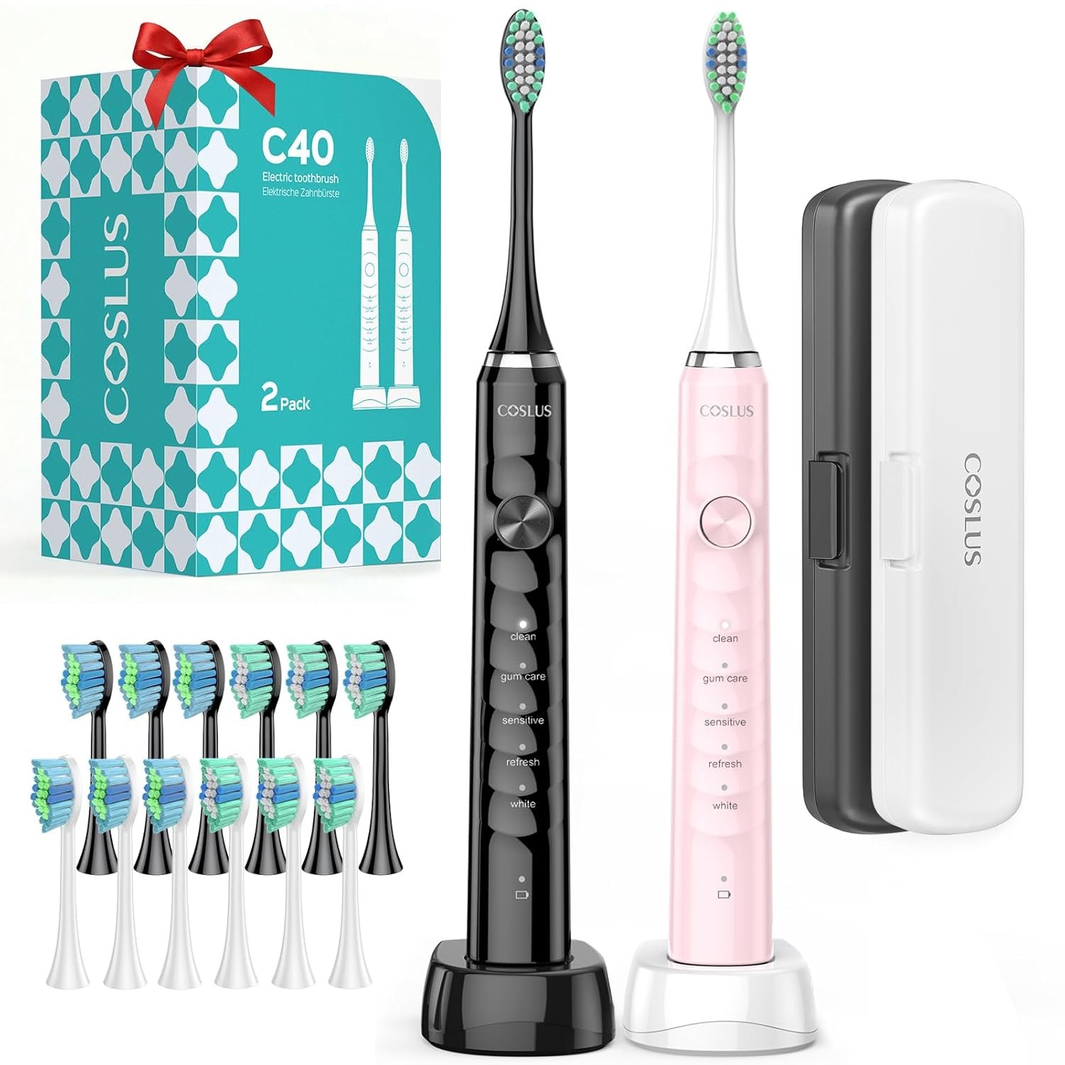 COSLUS C40 Sonic Electric Toothbrush for Adults: 47000 VPM for Deep Cleaning & Whitening with Travel Case – 5 Modes for Sensitive Teeth & Braces, Wireless Charging, 6 Brush Heads, Black & Pink (2PCS)