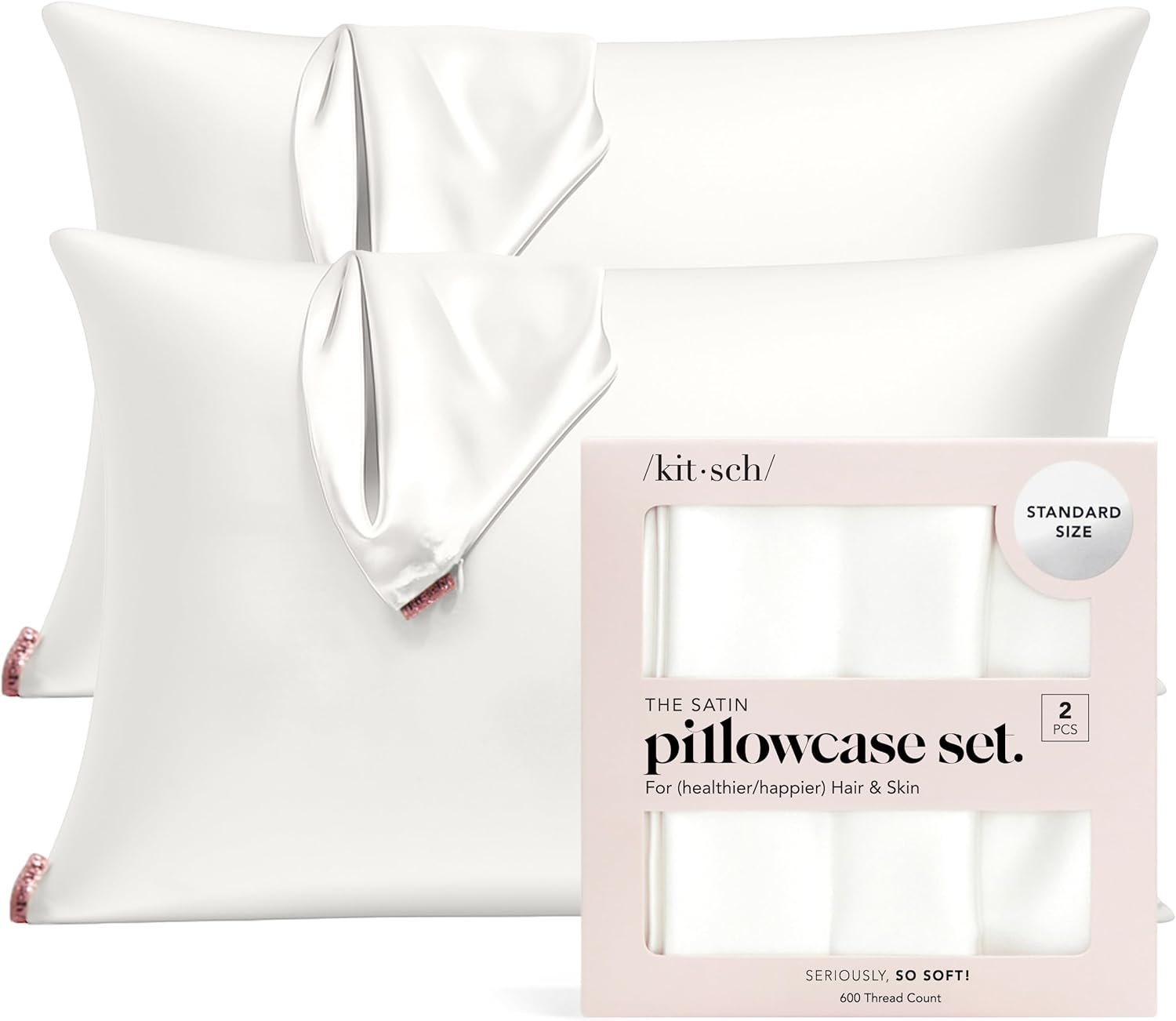 Kitsch Satin Pillowcase with Zipper for Hair & Skin – Softer Than Silk Pillow Cases, Smooth Cooling Satin Pillow Case, Wrinkle-Free, Machine Washable – Pillow Cases Standard Size (19×26), Ivory 2pcs
