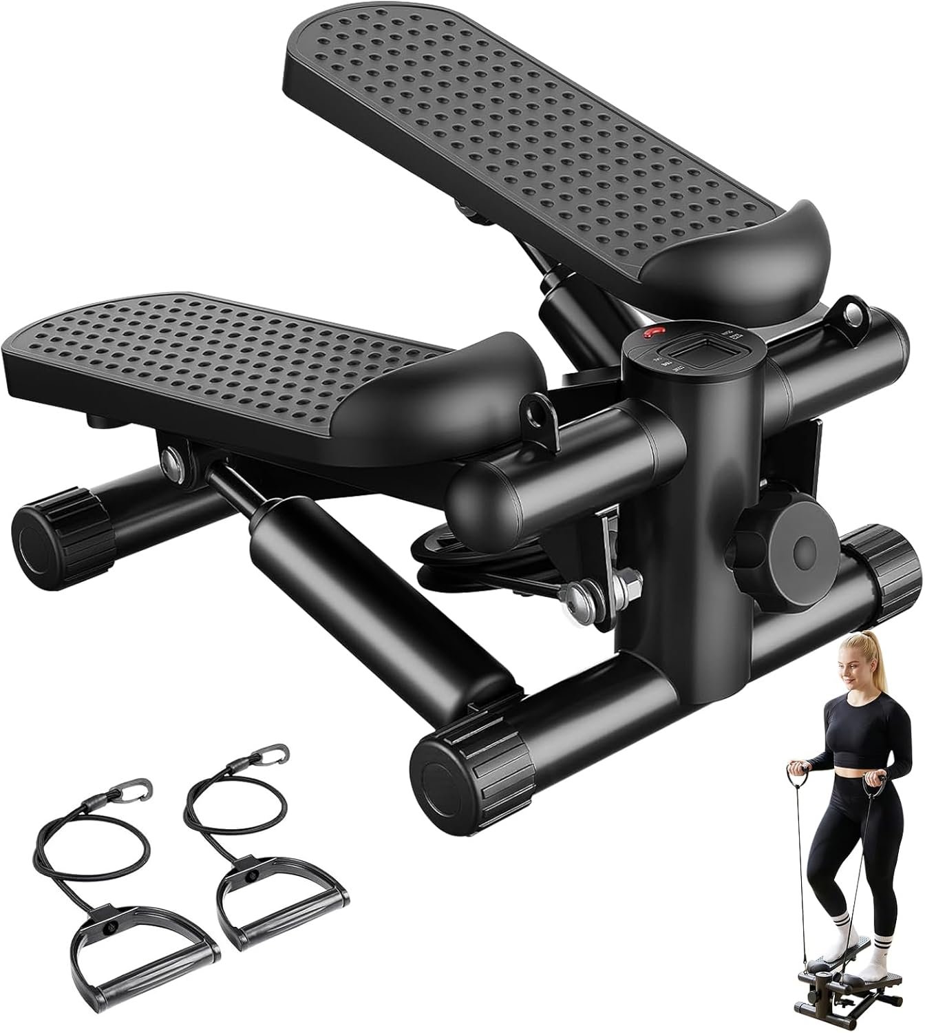 Mini Stair Steppers with Resistance Bands for Exercise at Home, Portable Exercise Twist Stepper Machine for Full Body Workout, Hydraulic Fitness Stepper with LCD Monitor, Black