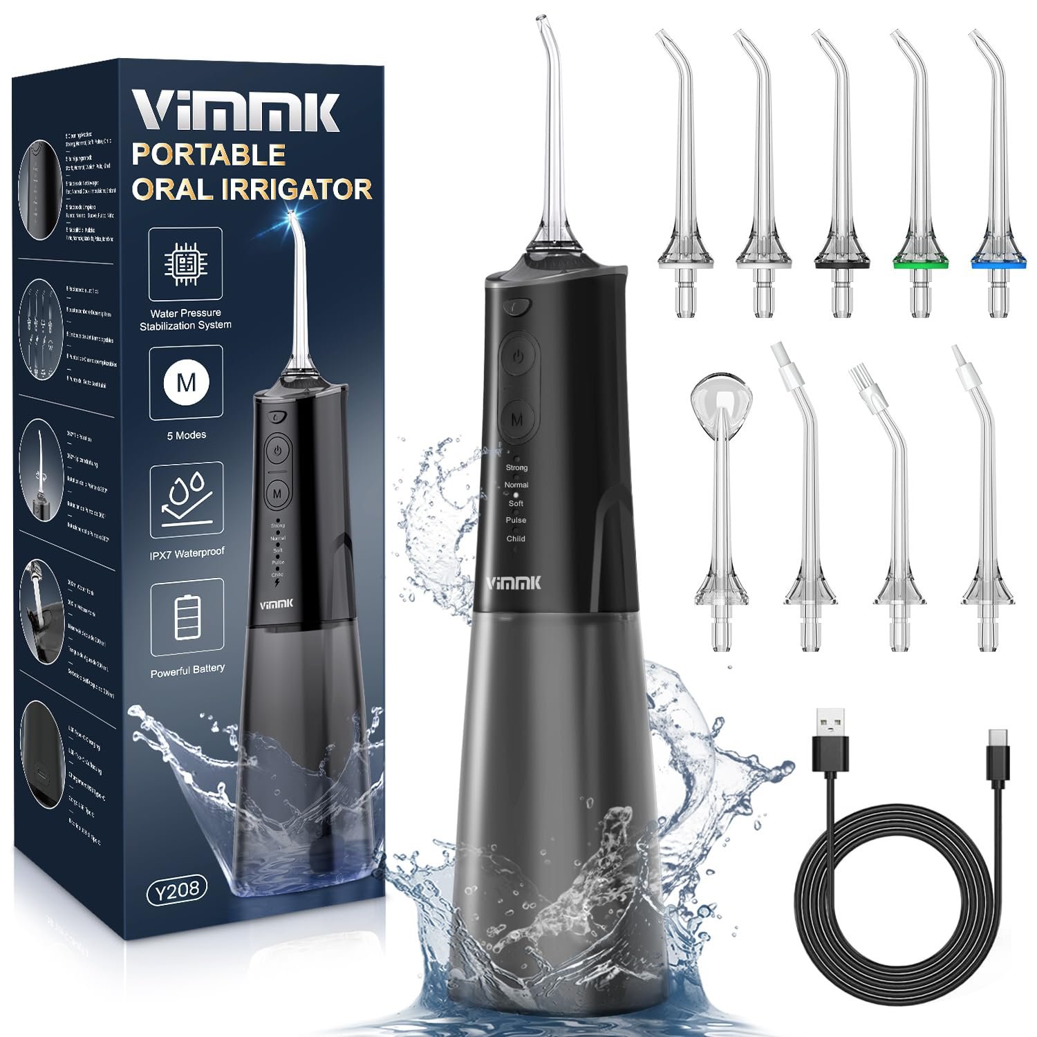 VIMMK Water Flosser, Cordless Water Dental Flosser, 9 Jet Tips 5 Modes 300ML IPX7 Waterproof, Portable Rechargeable Oral Irrigator for Home Travel – Gums, Orthodontic, Braces Care