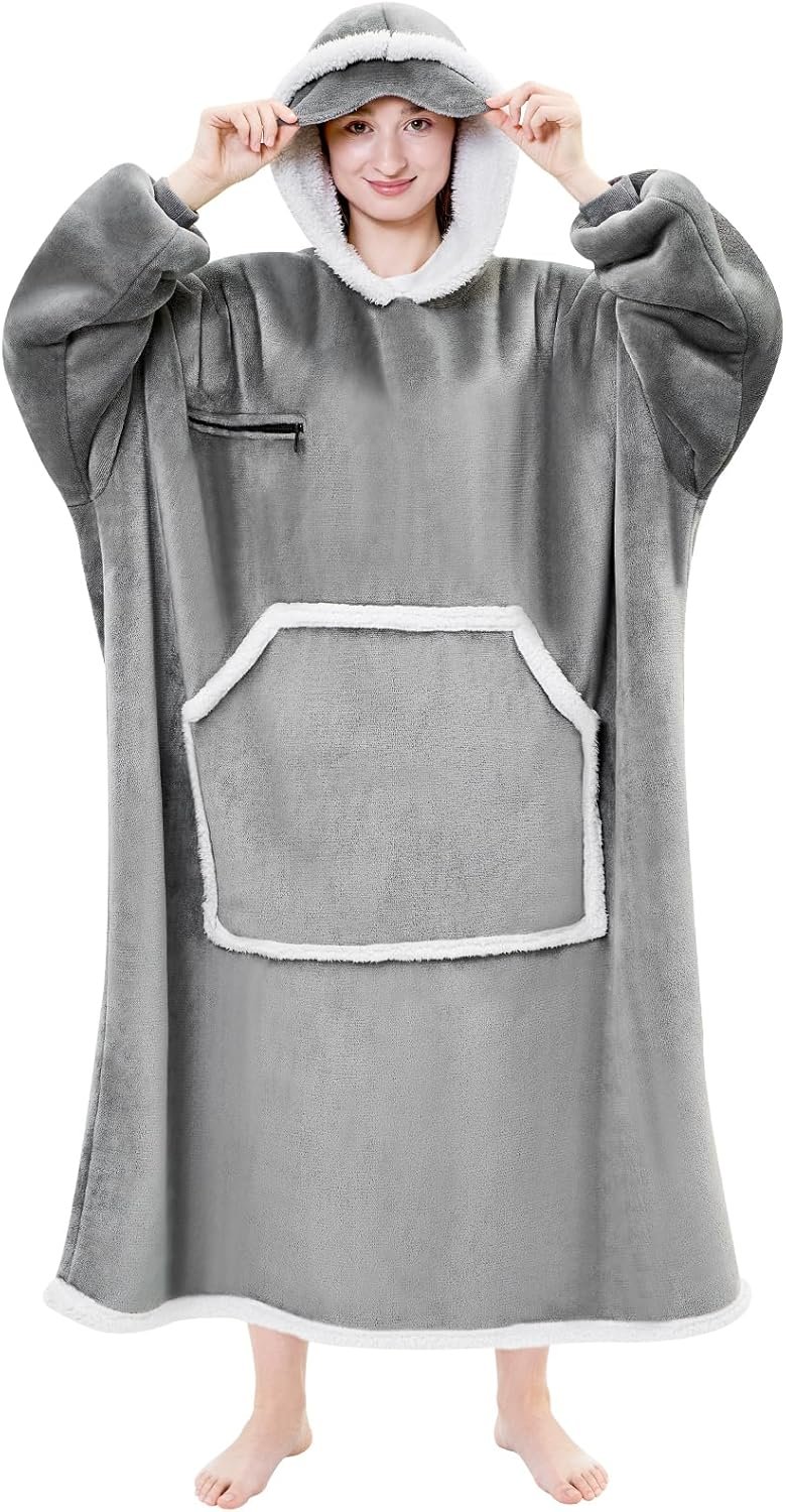 IFNOW Wearable Blanket Hoodie,Oversized Sherpa Hooded Blanket Sweatshirt with Eye Mask and Pocket,Cozy Flannel Blanket with Sleeves for Adult, Christmas Birthday Gifts for Women Mom Girlfriend,Grey