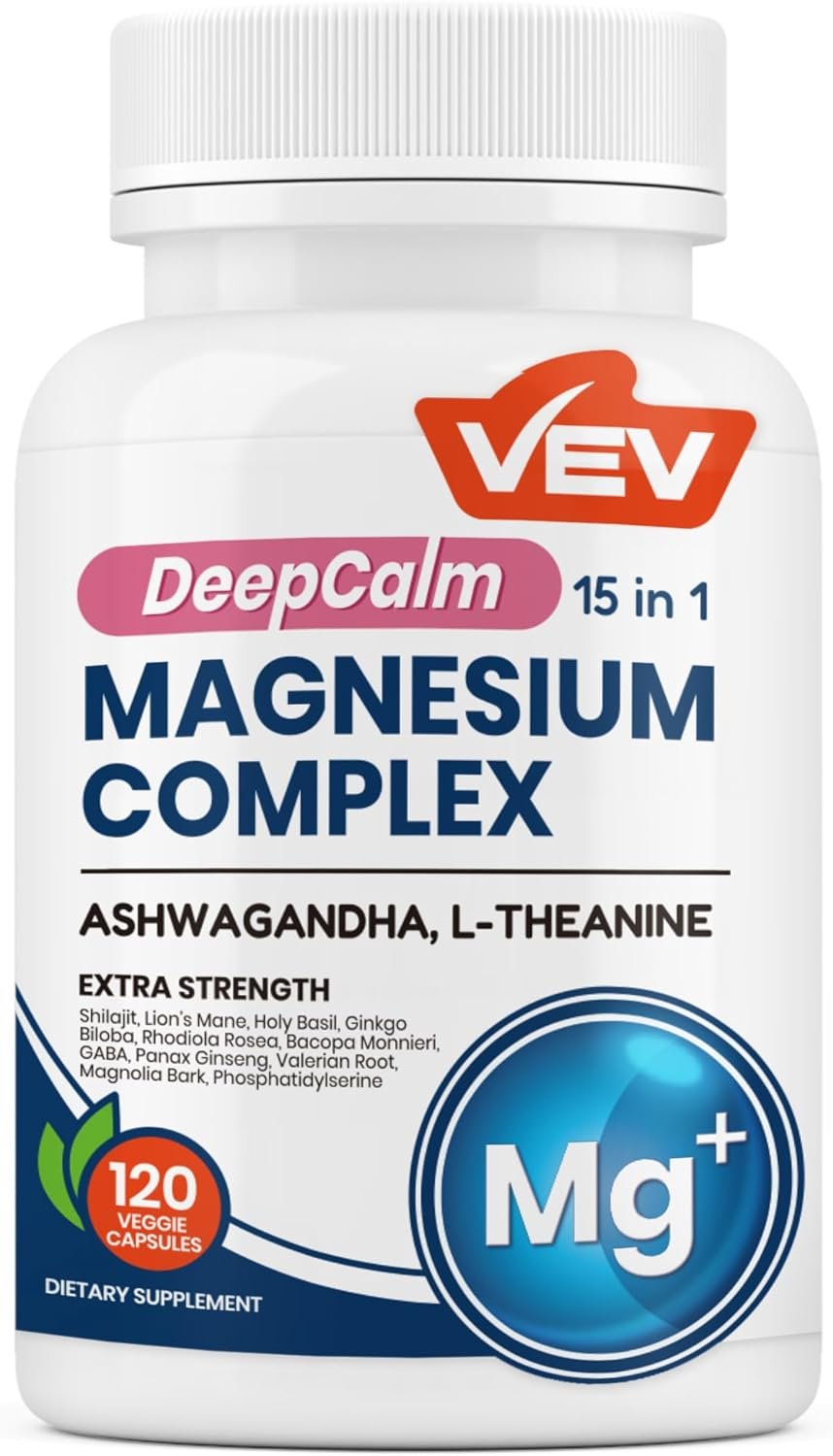 VEV DeepCalm 15-in-1 Magnesium Complex for Women & Men, Magnesium Supplement, Sleep, Glycinate & Citrate Vegan Capsules with Ashwagandha & L-Theanine, 120 Count
