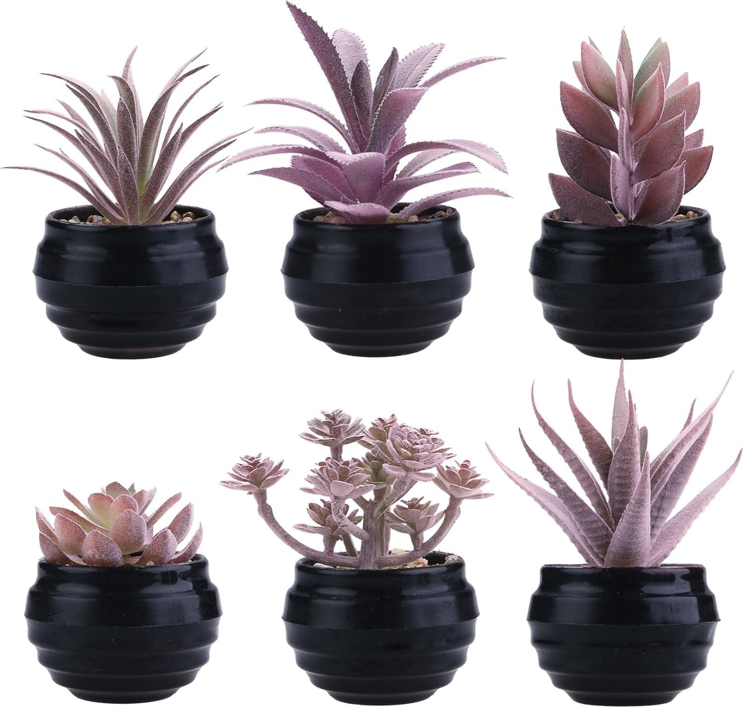 GREENTIME 6 Pcs Purple Artificial Succulents Valentine’s Day in Black Plastic Pots Couple Gift Small Fake Succulent Plant Room Decor for Women Office Bedroom Bathroom Table Shelf Teacher Appreciation