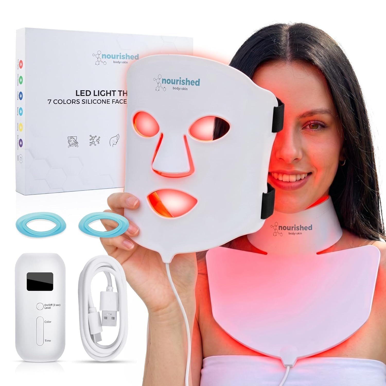 Nourished Bodynskin LED Light Therapy Face & Neck Mask – Facial Skin Care Device – 7 Colors Red & Blue – Rejuvenation, Anti-aging Product for Wrinkles
