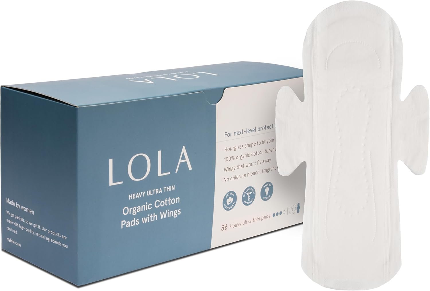 LOLA Organic Cotton Pads, 36 Count – Ultra Thin Pad with Wings, Cotton Organic Pads for Women, HSA FSA Approved Products Feminine Care, Heavy