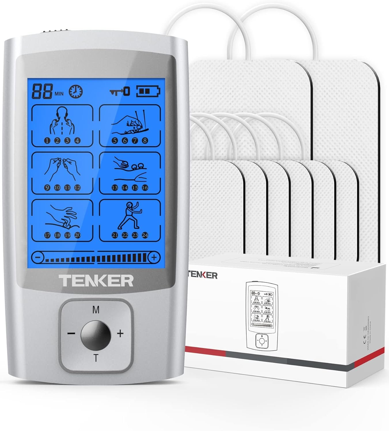 TENKER TENS Unit Muscle Stimulator, 24 Modes EMS Machine for Pain Relief Therapy/Pain Management, Rechargeable Electronic Pulse Massager with 2″x2″ and 2″x4″ Electrode Pads (Silver)