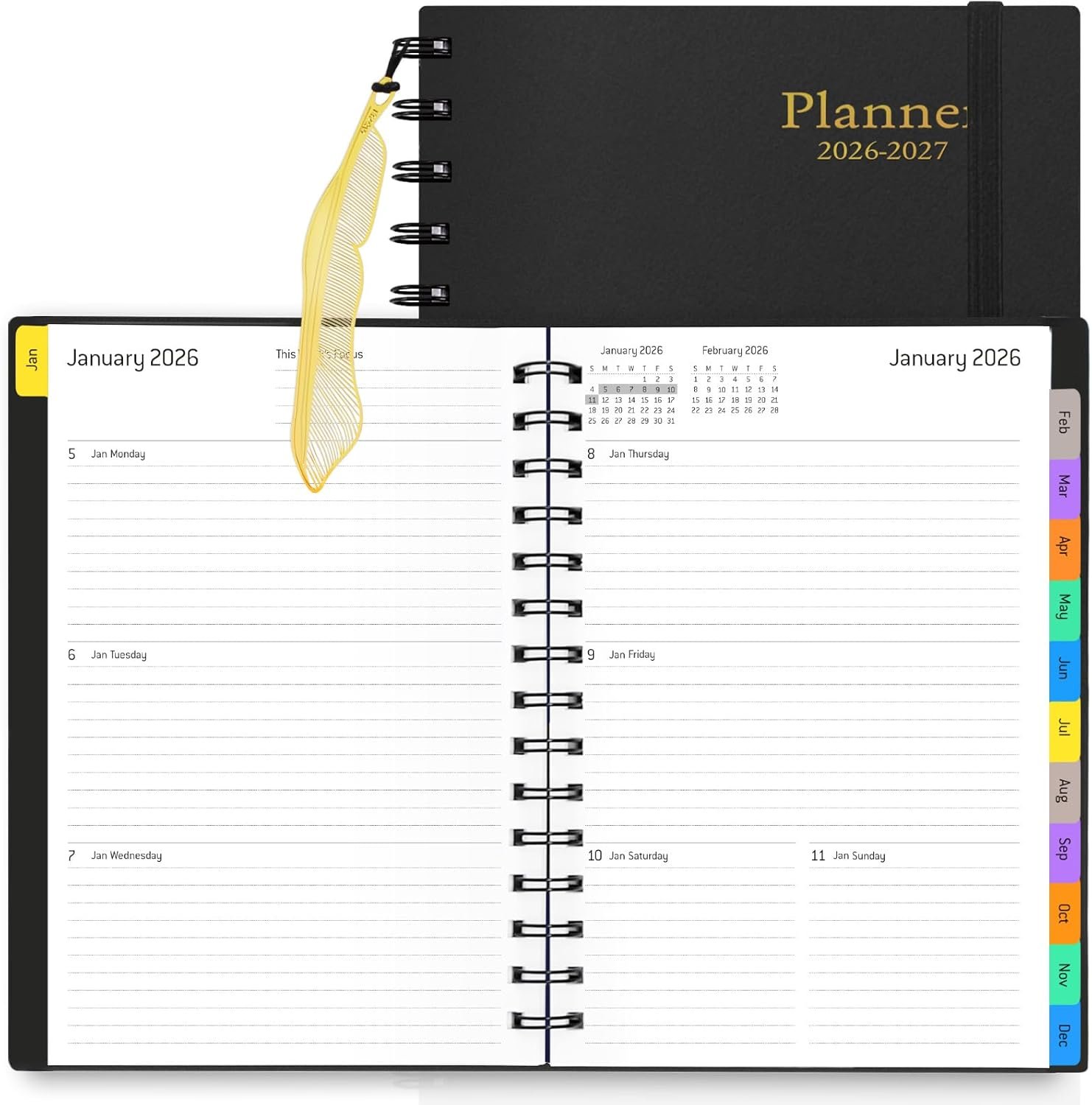 Daily Planner 2026-2027, 18-Month Weekly and Monthly Calendar Planner, January 2026 – June 2027, Planning Agenda Book with Laminated Tabs, Flexible Cover, 100GSM Thick Paper, A5 Size,Black