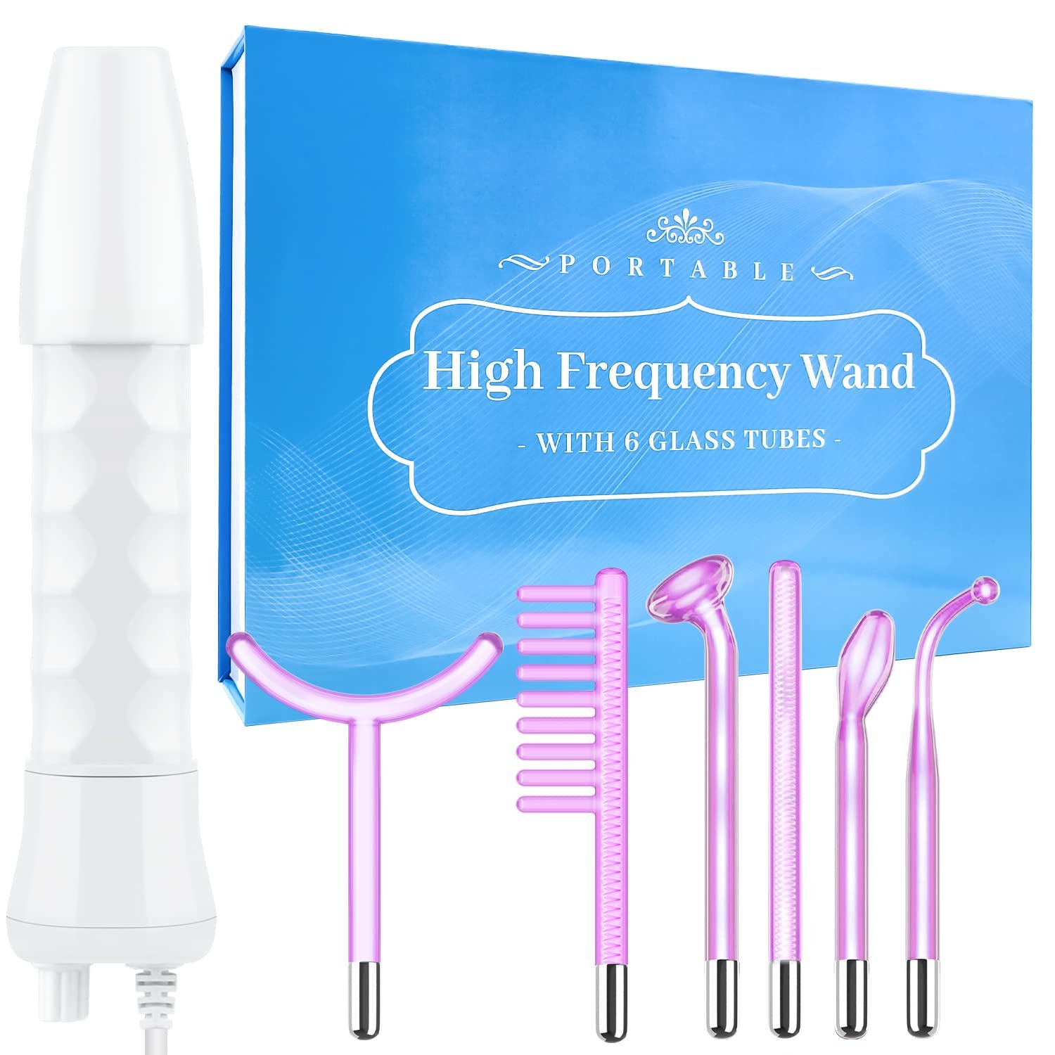 High Frequency Facial Wand – Uaike 6 in 1 Violet Portable Handheld High Frequency Facial Machine with 6 Pcs Purple Glass Tubes – at Home Face Skin Wand Device for Neck/Body/Hair/Face