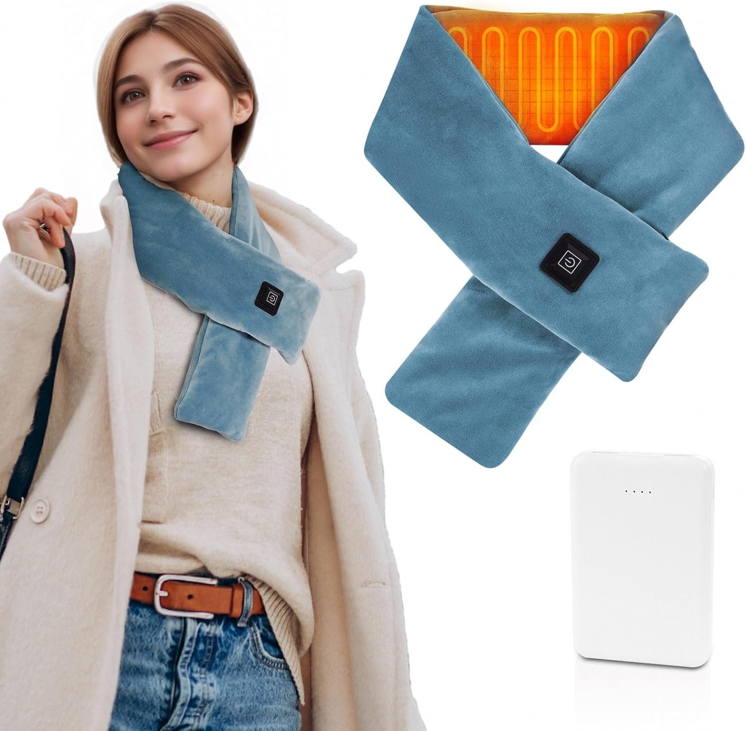 Girasol Heated Neck Wrap Heated Scarf for Neck Pain Relief, Neck Heating Pad with 5000mAh Power Bank, Cordless Thermal Neck Brace Electric Heated Neck Warmer with 3 Heating Levels (Blue)