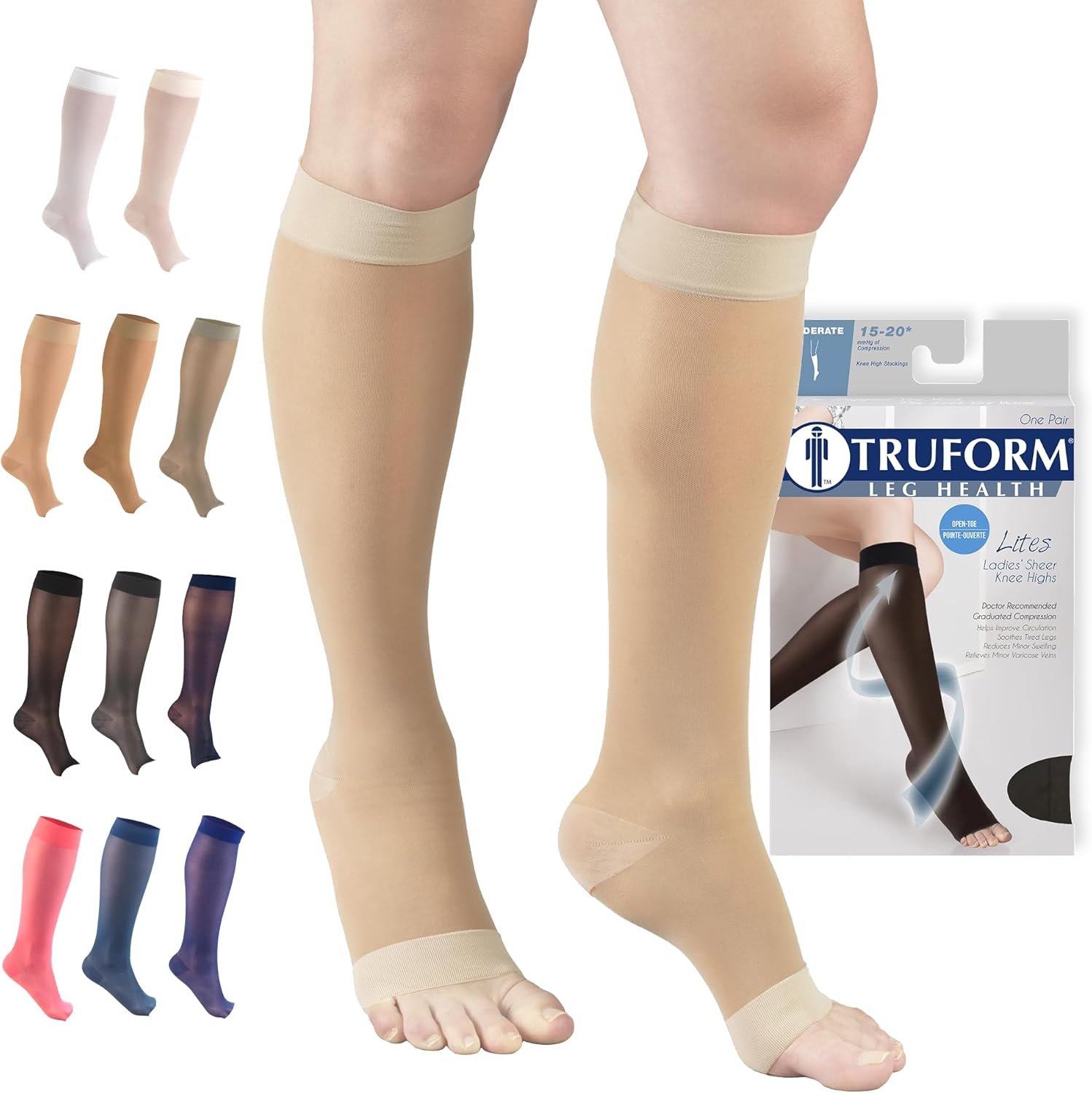Truform Sheer Compression Stockings, 15-20 mmHg, Women’s Knee High Length, Open Toe, 20 Denier, Medium