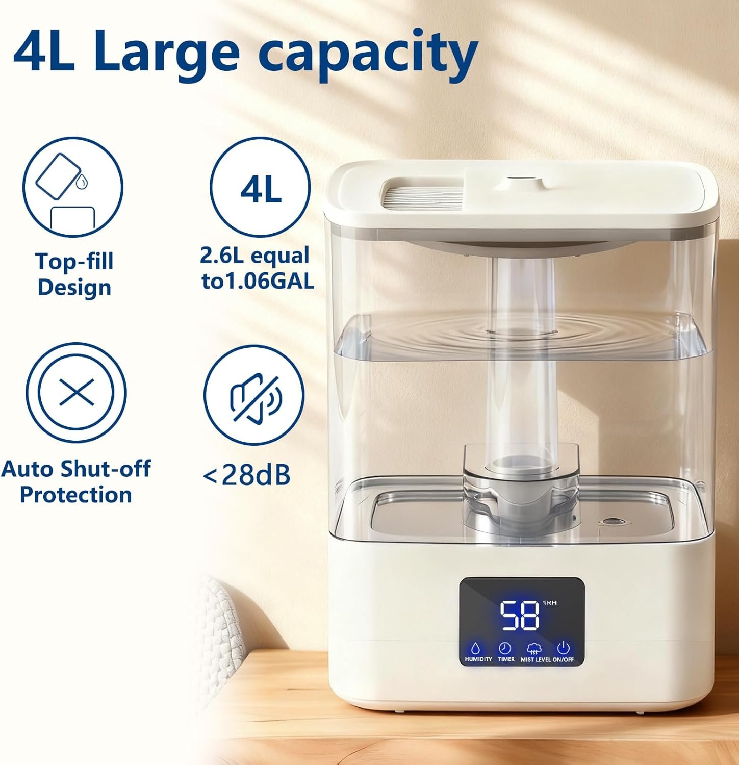 KZF 4L Top Fill Cool Mist Humidifier for Bedroom with 15H Runtime, 3 Mist Levels, 8H Timer, Essential Oil Tray, Humidity Display, Quiet Operation for Baby, Plants, Large Room