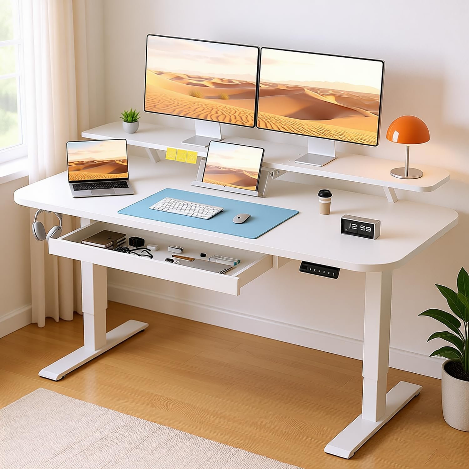 COMHOMA Electric Standing Desk with Drawers, 48 x 24” Sit Stand up Desk with Monitor Stand, Laptop Stand, Height Adjustable Ergonomic Home Office Computer Desk with Memory Preset Controller