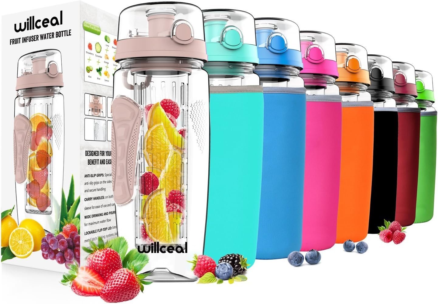 Fruit Infuser Water Bottle 32oz- Durable, Large – BPA Free Tritan, Flip Lid, Leak Proof Design – Sports, Camping