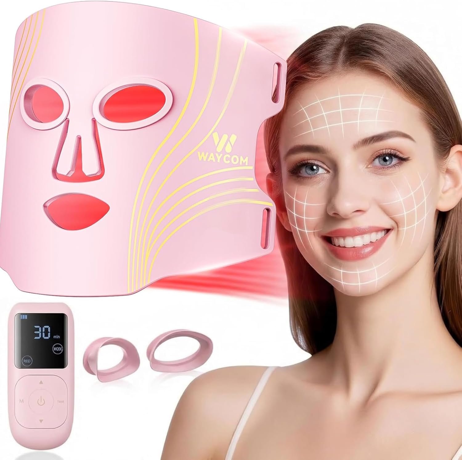 WAYCOM Red Light Therapy for Face: FDA-Cleared Portable LED Light Therapy Mask for Skincare – 400 LEDs 850nm Infrared & Blue Red Light Therapy at Home with Rechargeable Timing Function Remote