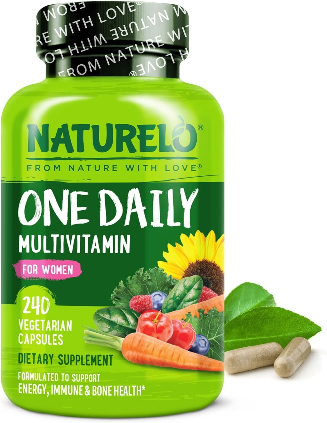 NATURELO One Daily Multivitamin for Women w/Vitamin B12, 240 Ct, Energy Support, Whole Food Daily Women Multivitamin Supplement, Nourish Hair/Skin/Nail, Non-GMO, No Soy, Gluten Free, 8 Month Supply