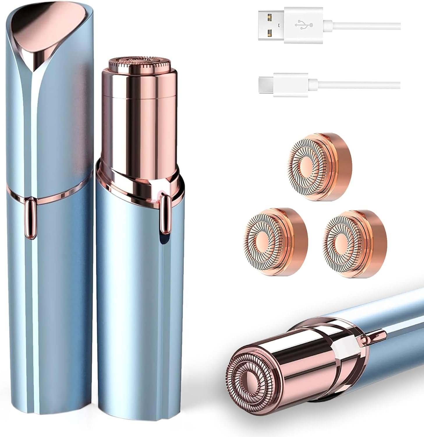 tuokiy Facial Hair Removal for Women, Painless Face Shaver for Womens, Face Razors for Lip, Chin with USB Rechargeable, Blue 3 PCS Heads