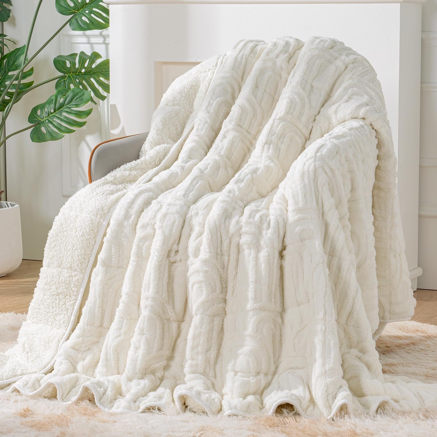 Sherpa Fleece Adult Weighted Blanket Great for Sleep, 15 lbs Dual Sided Soft Fuzzy Heavy Blankets for Couch Bed Sofa, Cozy Warm Arched Jacquard Throw for Winter (Cream White, 48″ x 72″, 15 Pounds)