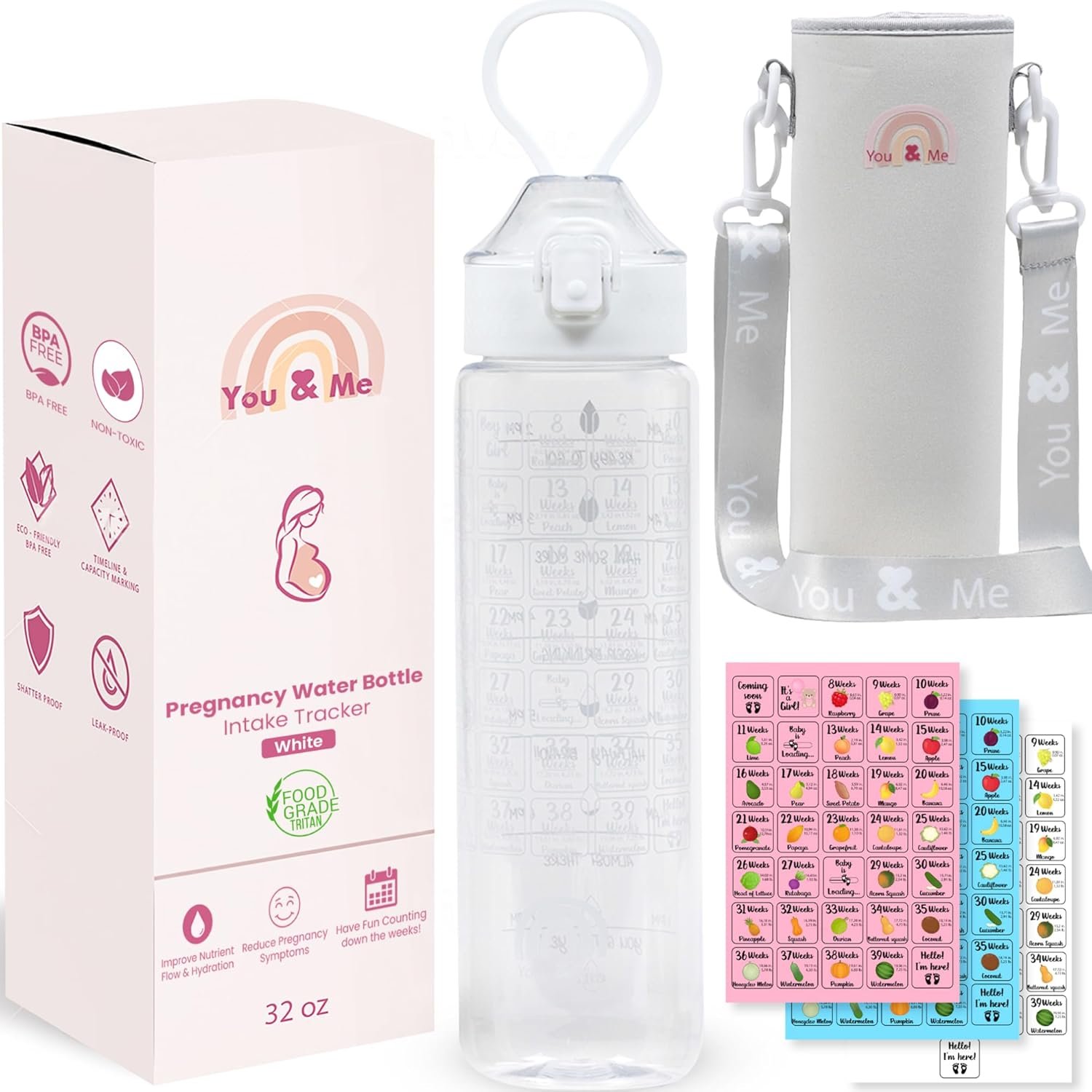 You & Me Pregnancy Water Bottle (32 oz) with Carry Sleeve – Hydration Tracker for Expecting Moms, Milestone Stickers (Pink/Blue/Neutral), BPA-Free, Covered Straw Lid – Gift for Pregnancy & New Moms