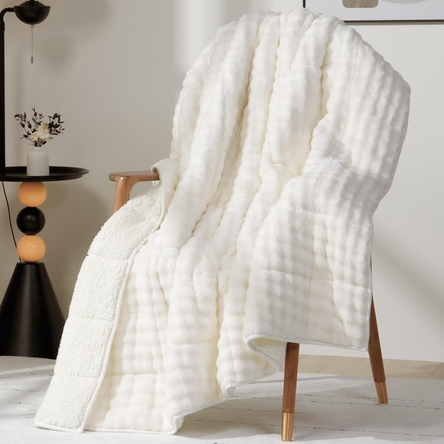 Cottonblue Bubble Fleece Weighted Blanket 15lbs for Adults Queen Size Bed, Cozy Fuzzy Sherpa Flannel Weighted Blankets, Cute Warm Sofa Heavy Blanket for Calming & Sleeping, 60″x80″, Cream White