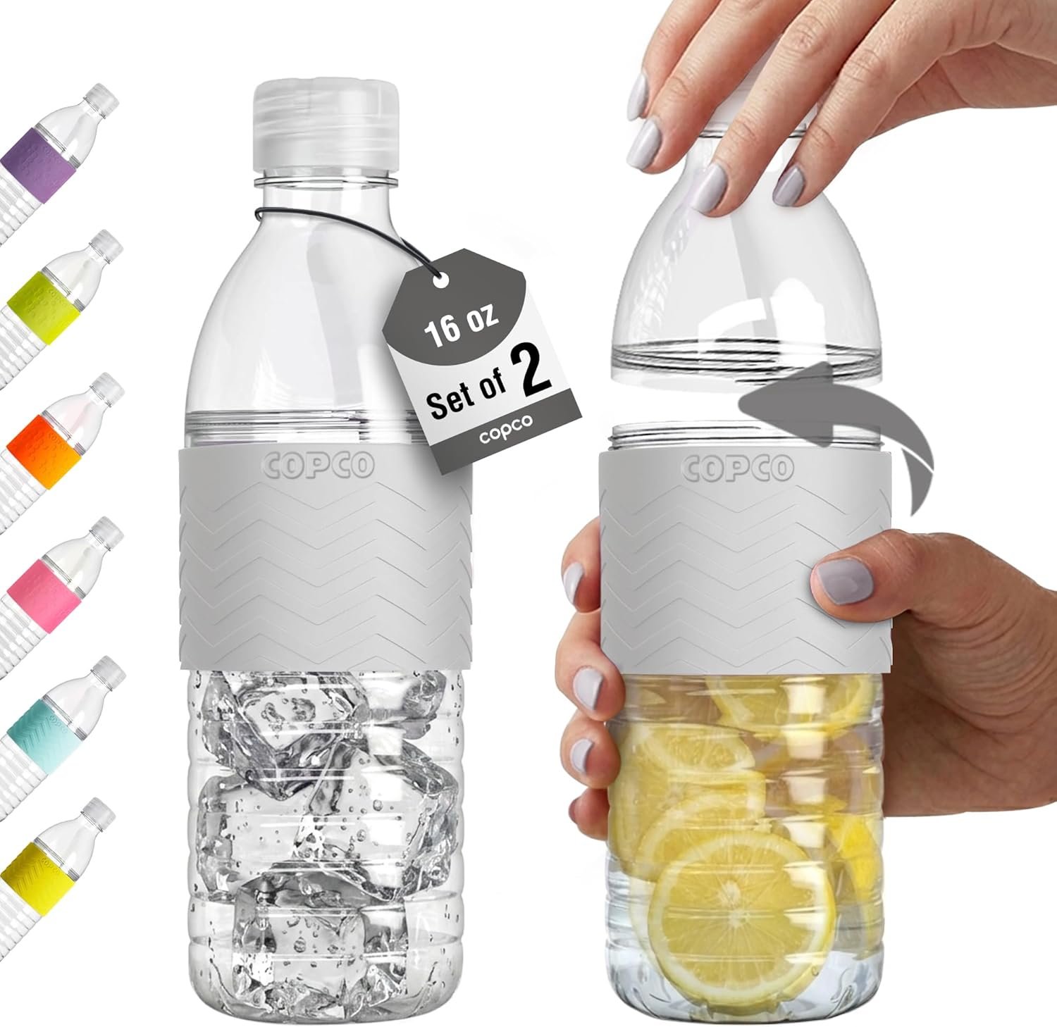 Copco Hydra 16.9 oz Water Bottle, Set of 2 – Leak Proof, BPA Free Tritan, Dishwasher Safe, Twist-Open Body for Ice & Easy Cleaning, Non-Slip Silicone Grip, Ideal for Gym & Office (Gray)