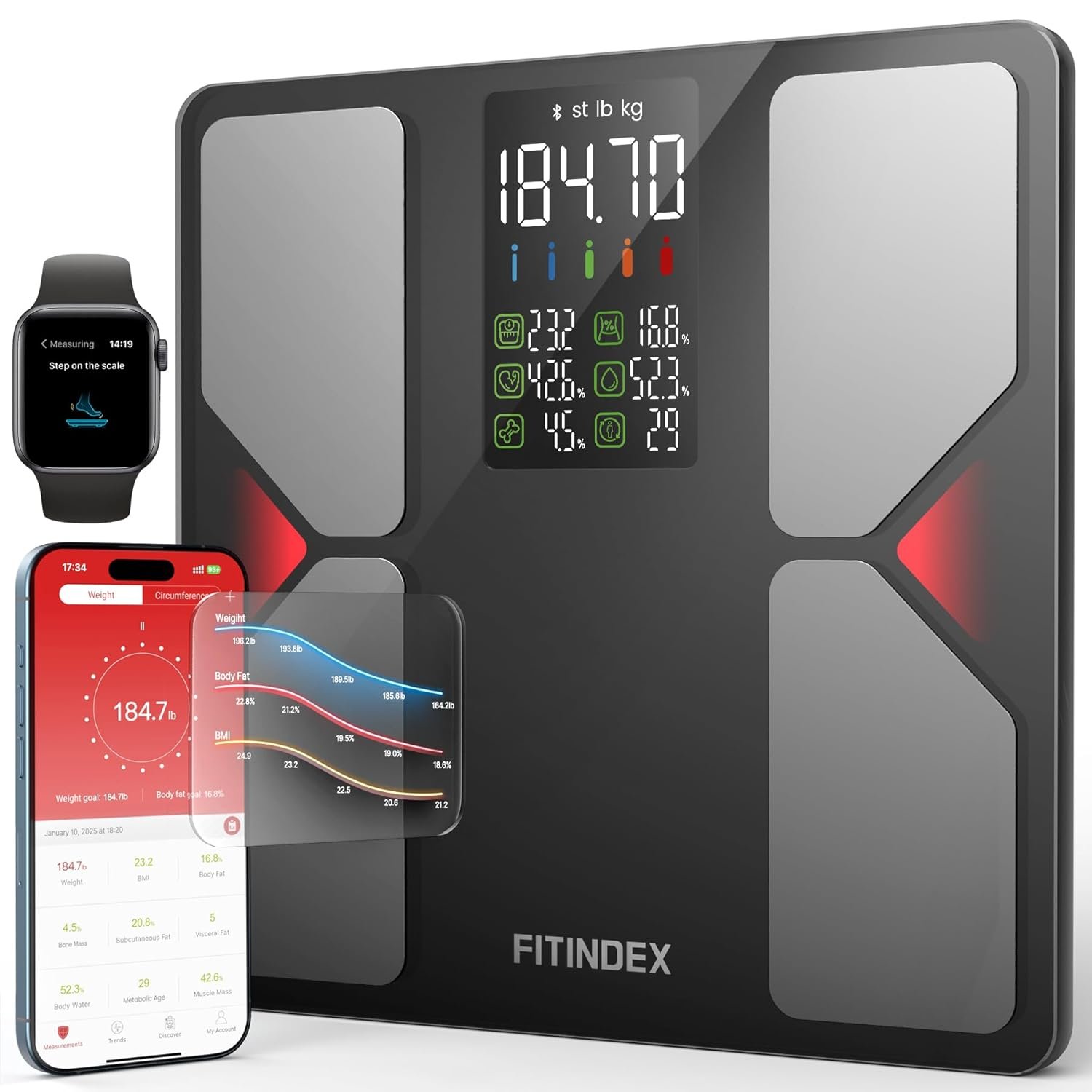 FITINDEX Smart Scale with BMI, Body Fat, Muscle Mass, Scale for Body Weight and Fat Percentage, High Accurate Bluetooth Scale with Large Display, 13 Body Composition Analyzer Sync APP, 500lbs, 11.8″