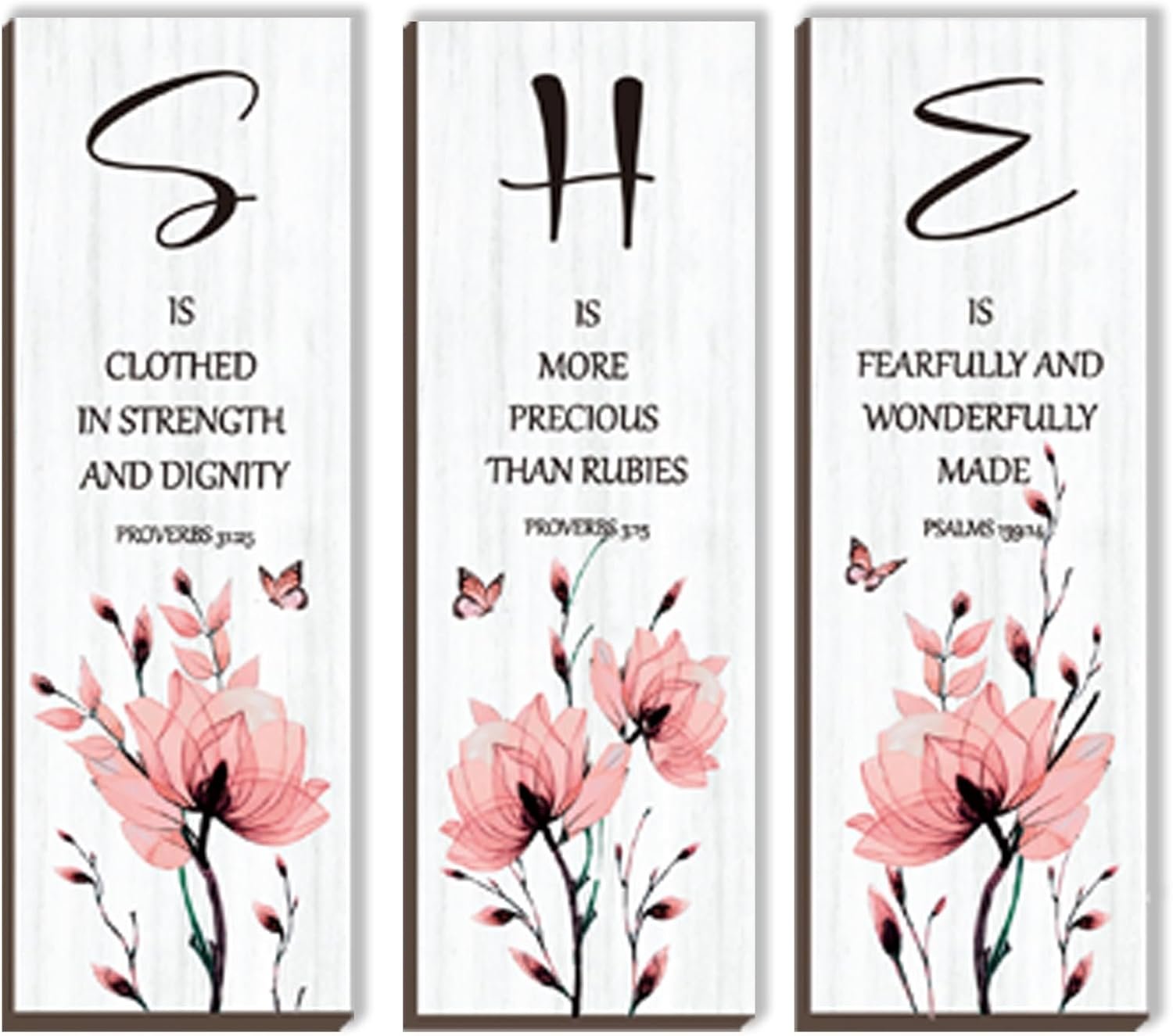 DONFENTHY 3 Pieces Inspirational Pink Floral Wall Decor Wooden Hanging Wall Art Christian Quotes SHE Word Sign Gift for Girl Teen Women Bedroom Bathroom Living Room Nursery Office (Pink 12×4 Inch)