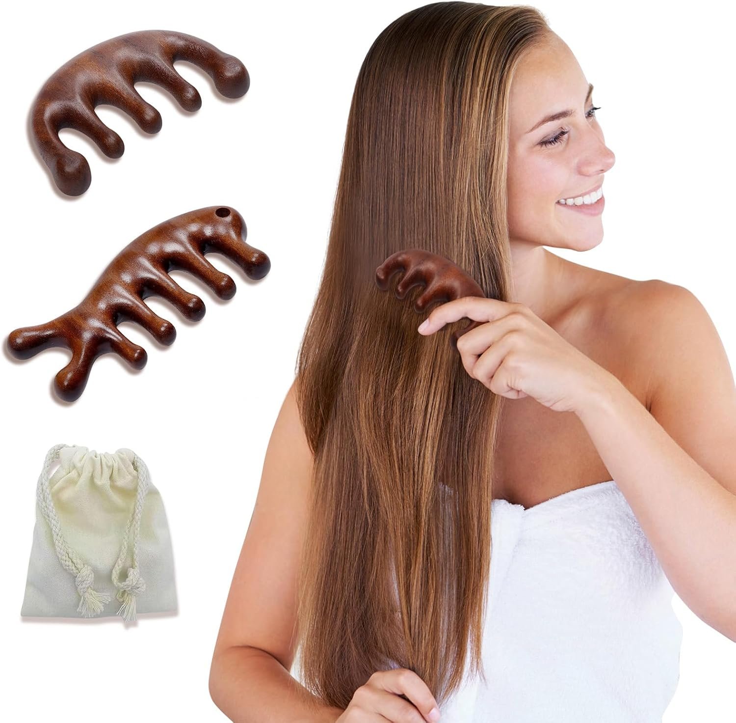2 Pack Wooden Head Scalp Massager Comb, Sandalwood Scalp Massage Wood, Head Massager Gua Sha Tool Brush for Women Men Hair Growth