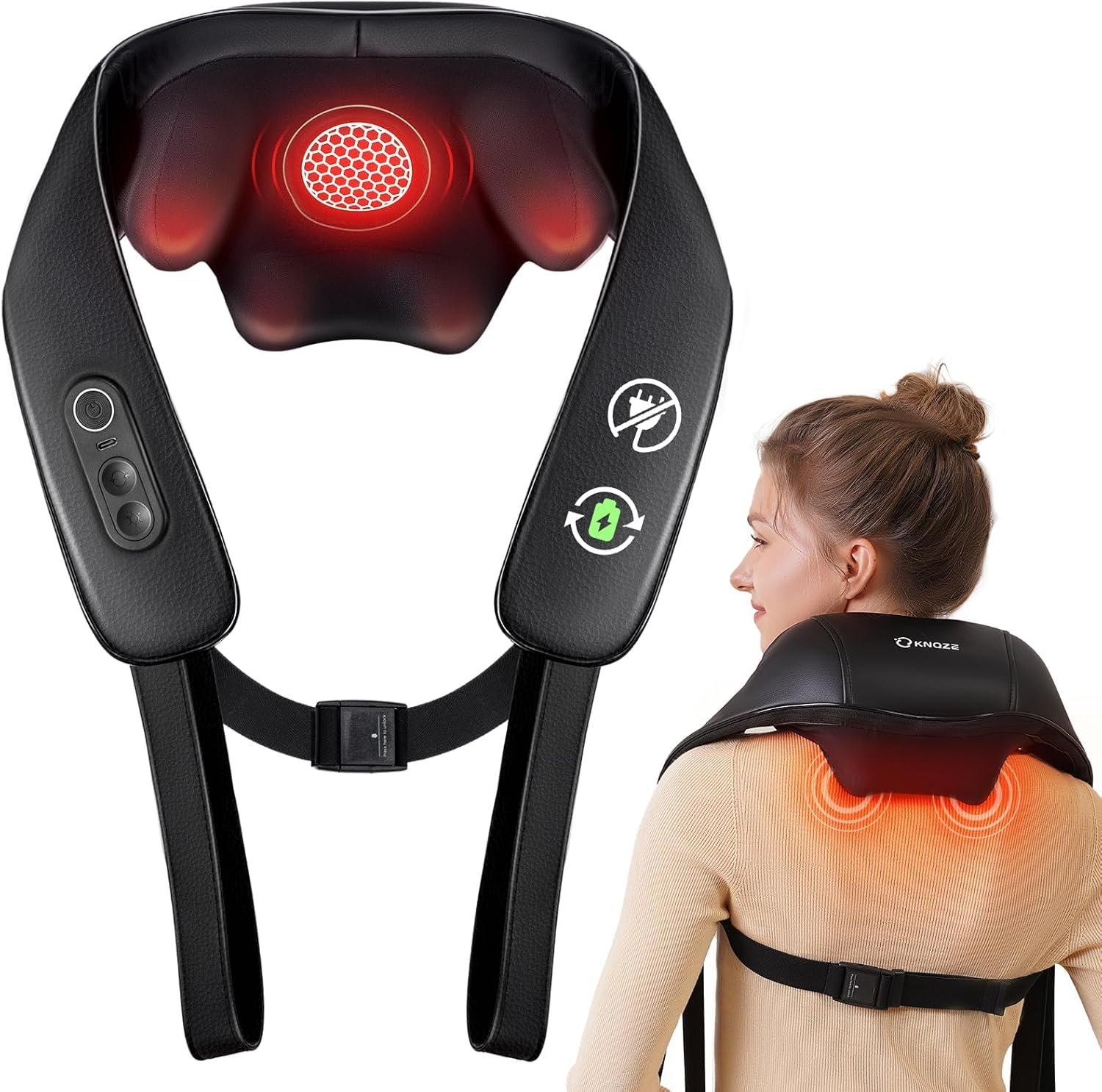 KNQZE Neck and Shoulder Massager with Heat, Cordless Back and Neck Massager, Upgraded Graphene Heating, 4D Shiatsu Deep Kneading Massage for Shoulder, Back,Leg,Pain Relief, Gift for Dad Mom (Black)