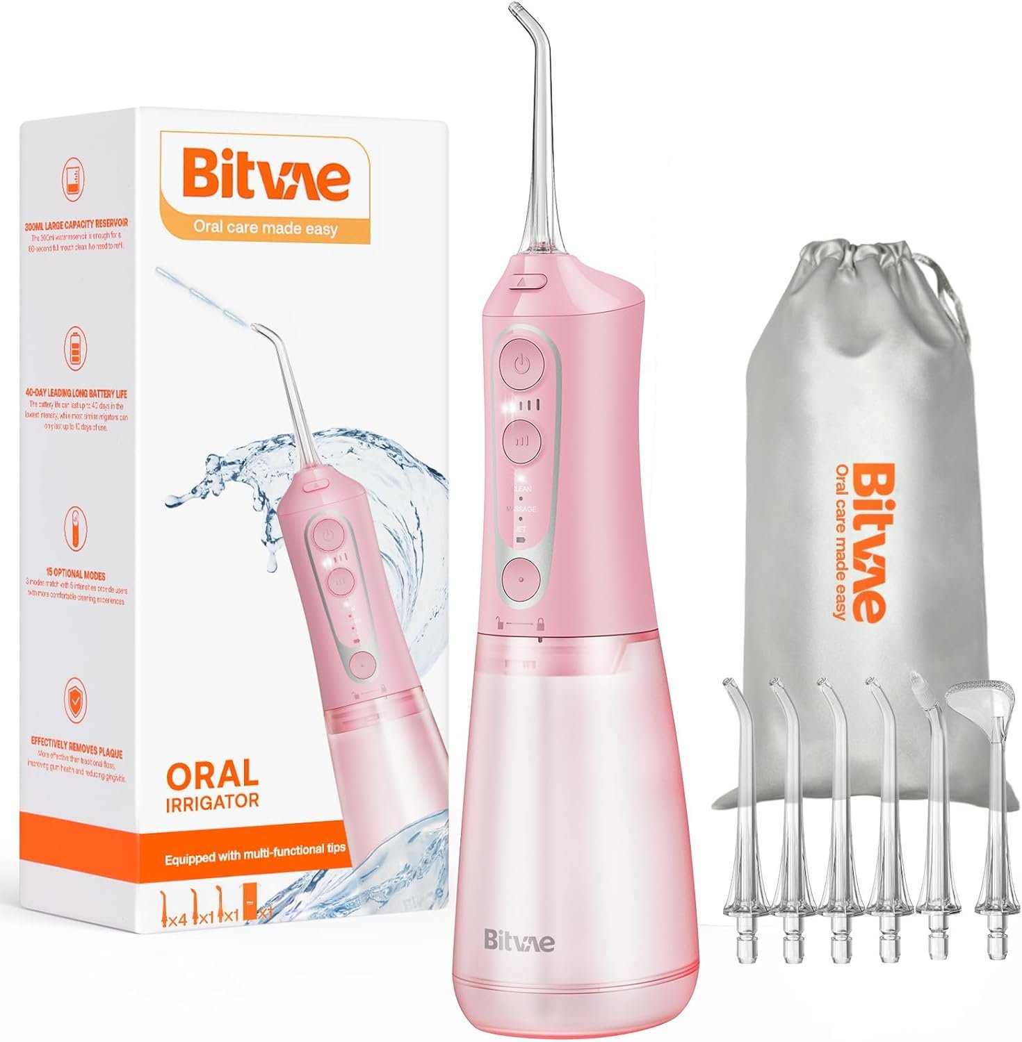 Bitvae C6 Water Dental Flosser Teeth Picks, Portable Cordless Oral Irrigator, IPX7 Waterproof Braces Flossers Cleaner, 5 intensities 6 Jet Tips, Rechargeable Water Dental Picks for Cleaning, Pink