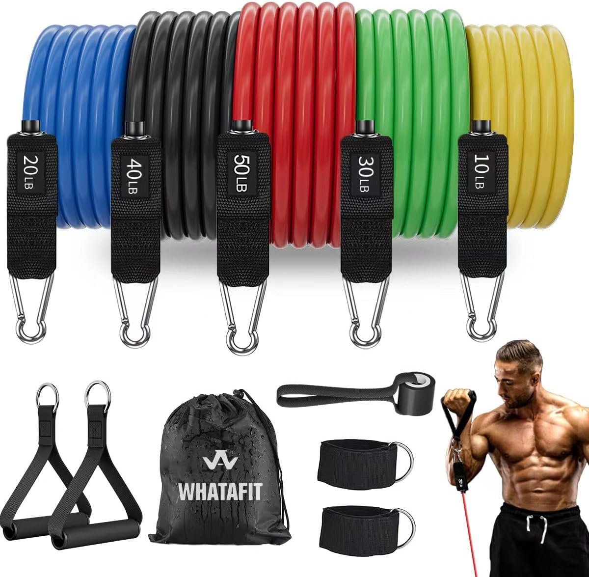 WHATAFIT Resistance Bands, Exercise Bands, Workout Bands with Handles, Door Anchor and Ankle Straps, 5 Resistance Levels Fitness Bands for Strength Training, Physical Therapy, and Home Gym Equipment