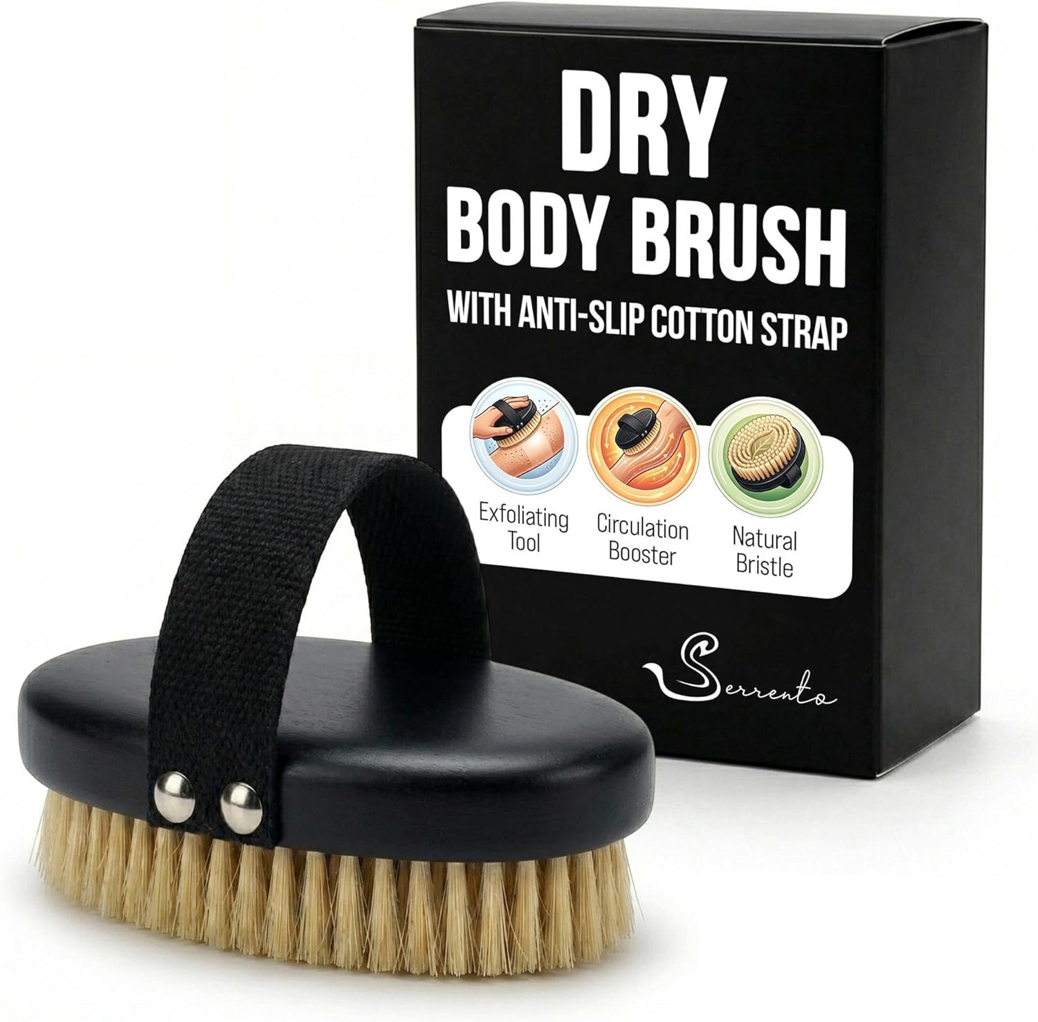 Serrento Dry Brush for Skin – Exfoliating Body Tool for Dry Brushing & Lymphatic Drainage, Natural, Firm Brush for Skin, with Anti-Slip Cotton Strap & Black Wooden Base, 2 in x 5 in