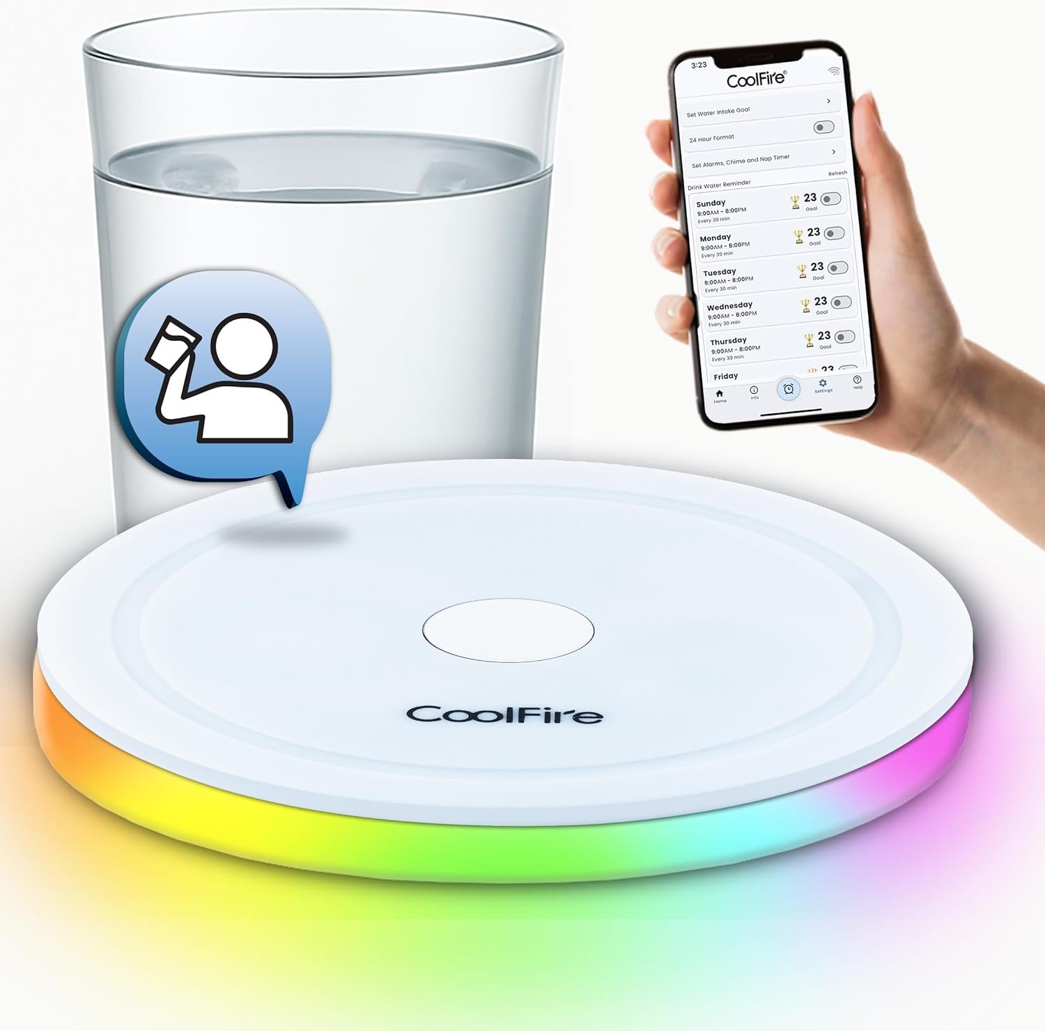 CoolFire Self-Care Gift – Smart Hydration Reminder Coaster with Voice (English only) Alerts, Ambient Light & Changeable Mood Covers for Pregnancy, ADHD, Stress Relief & Everyday Wellness (F)