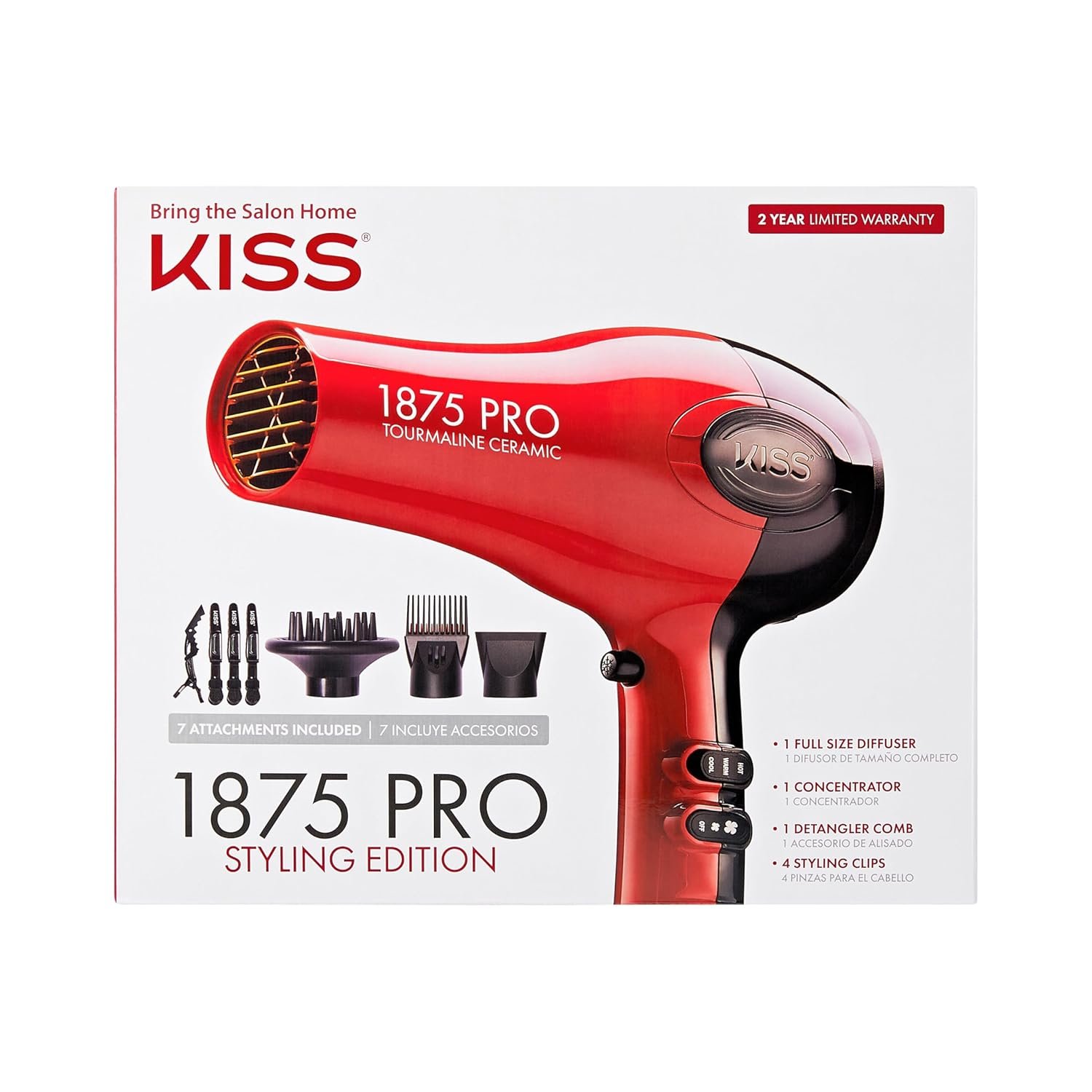 KISS 1875 Watt Pro Tourmaline Ceramic Hair Dryer, Styling Edition, 3 Heat Settings, 2 Speed Settings, Cool Shot Button, 7 Blow Dryer Accessories Included, 2-Year Warranty – Red