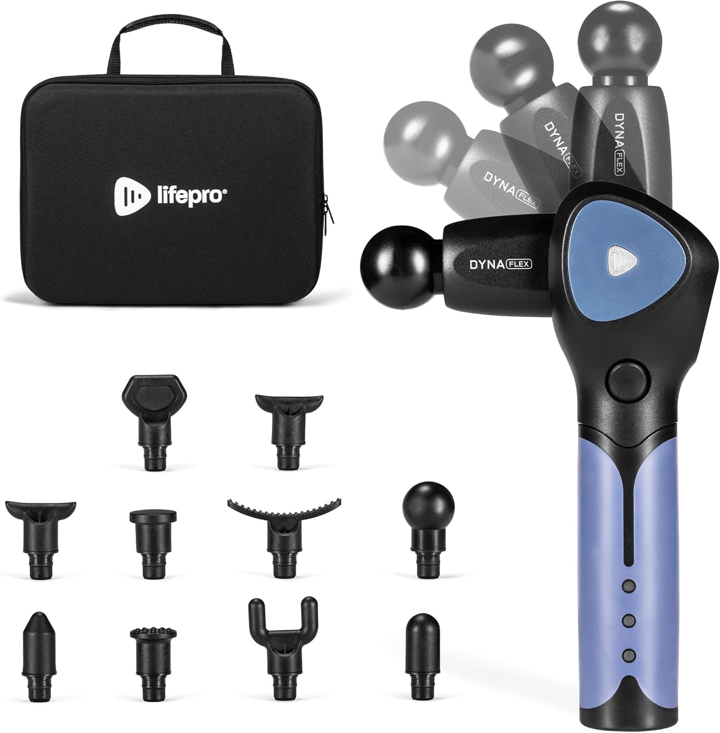 LifePro DynaFlex Percussion Massage Gun — Deep Tissue Back Massager with 4-Angle Rotating Arm — 16 Speeds, 10 Heads for Self Back & Neck for Athletes, Men & Women – Quiet, Portable with Travel Case