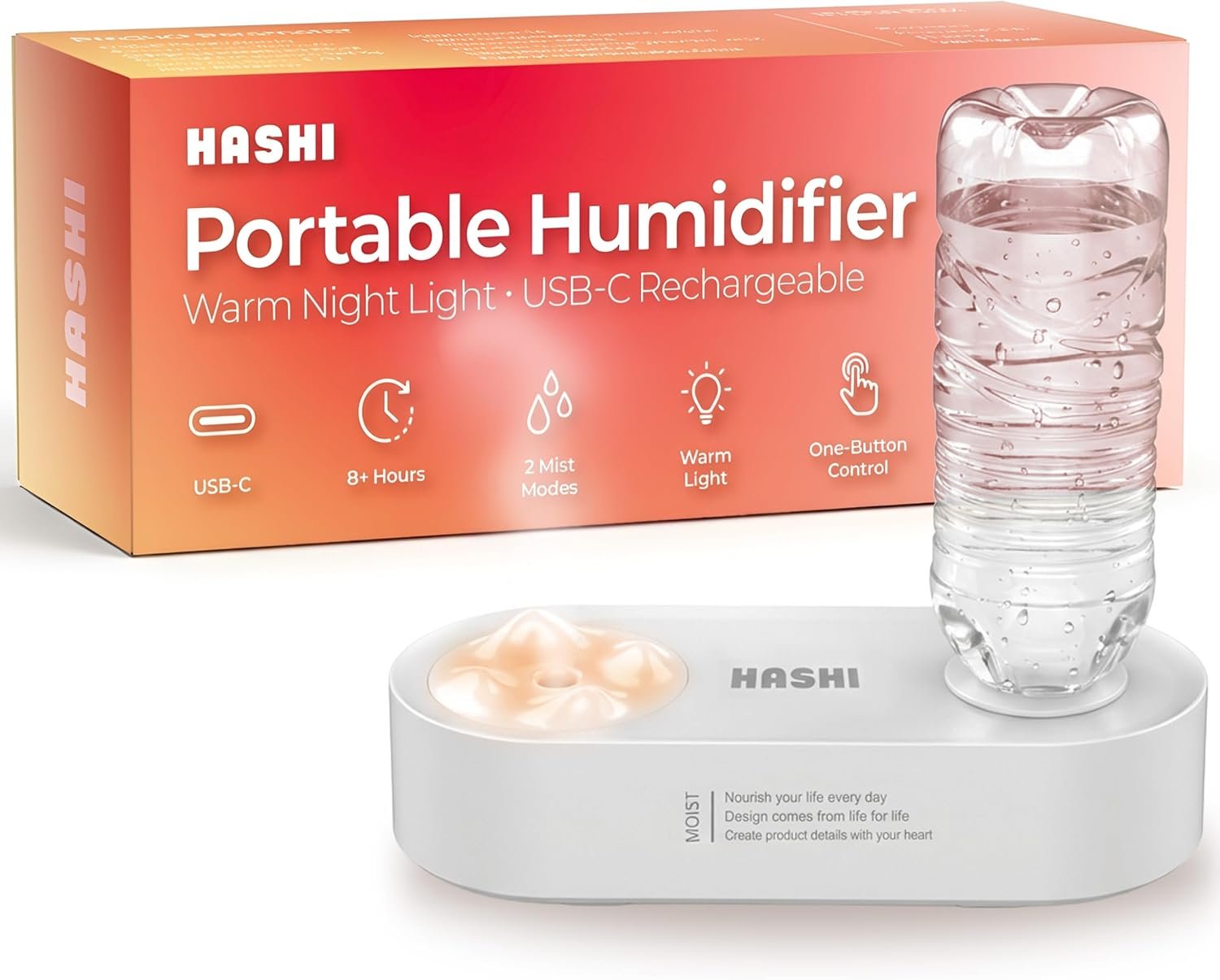 HASHI 2000mAh Wireless & Corded Portable Water Bottle Humidifier, USB-C Rechargeable Personal Mini Humidifier with Night Light, Leak-Proof Ultrasonic Cool Mist Maker for Travel, Office, and Car