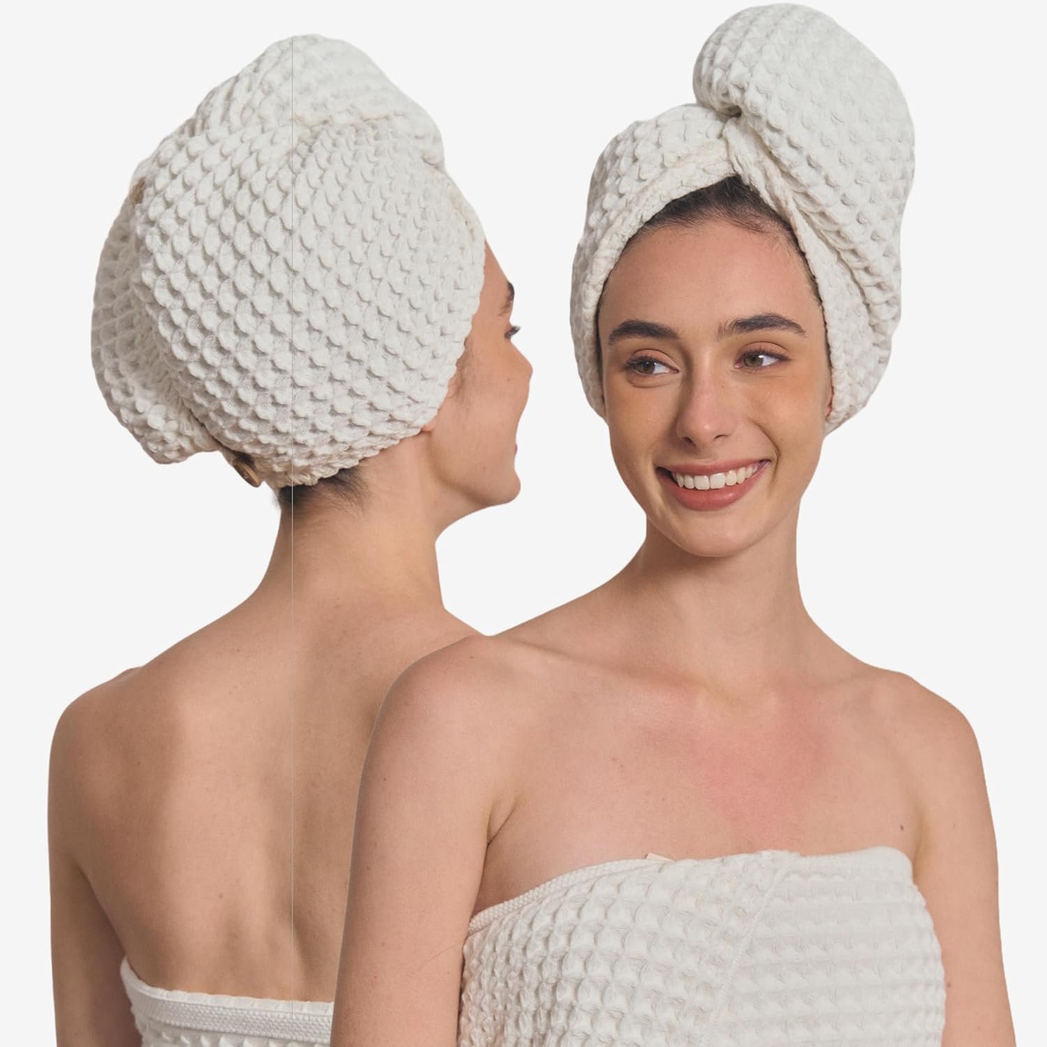 Luxury Organic Japanese Cotton Hair Drying Waffle Towel Wrap for Women | Absorbent, Quick-Dry Head Turban for Shower, Sauna, Spa | Extra Large for Long, Curly, Straight Hair With Button (White, 1 Pc)