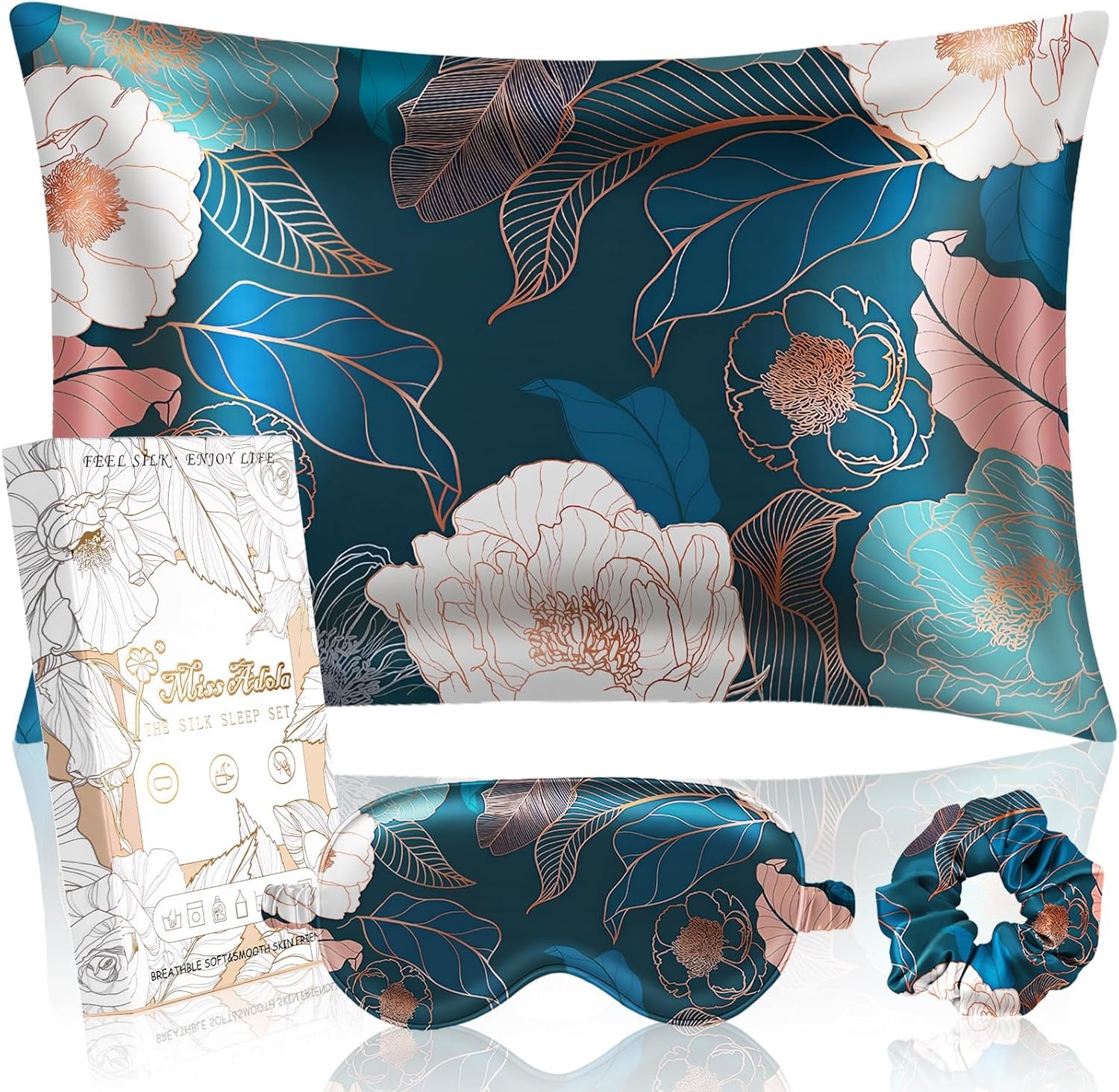 Miss Adola Mulberry Silk Pillow Case for Hair and Skin 19 Momme Standard 26″x20″ Dark Blue Peony Silk Pillowcase with Eye Mask & Scrunchie Soft Silk Pillowcase Sleeping for Moms, Women
