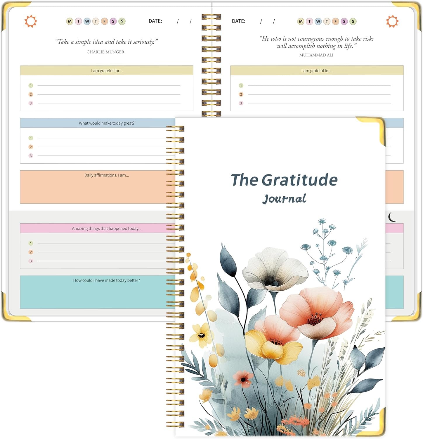 The Gratitude Journal for Women & Men, Hardcover Spiral 5 Minute Daily Gratitude Journal for More Happiness, Optimism, Affirmation & Reflection with Prompts & Quotes, Undated Daily Journals(93 pages / 3 months supply) Gifts