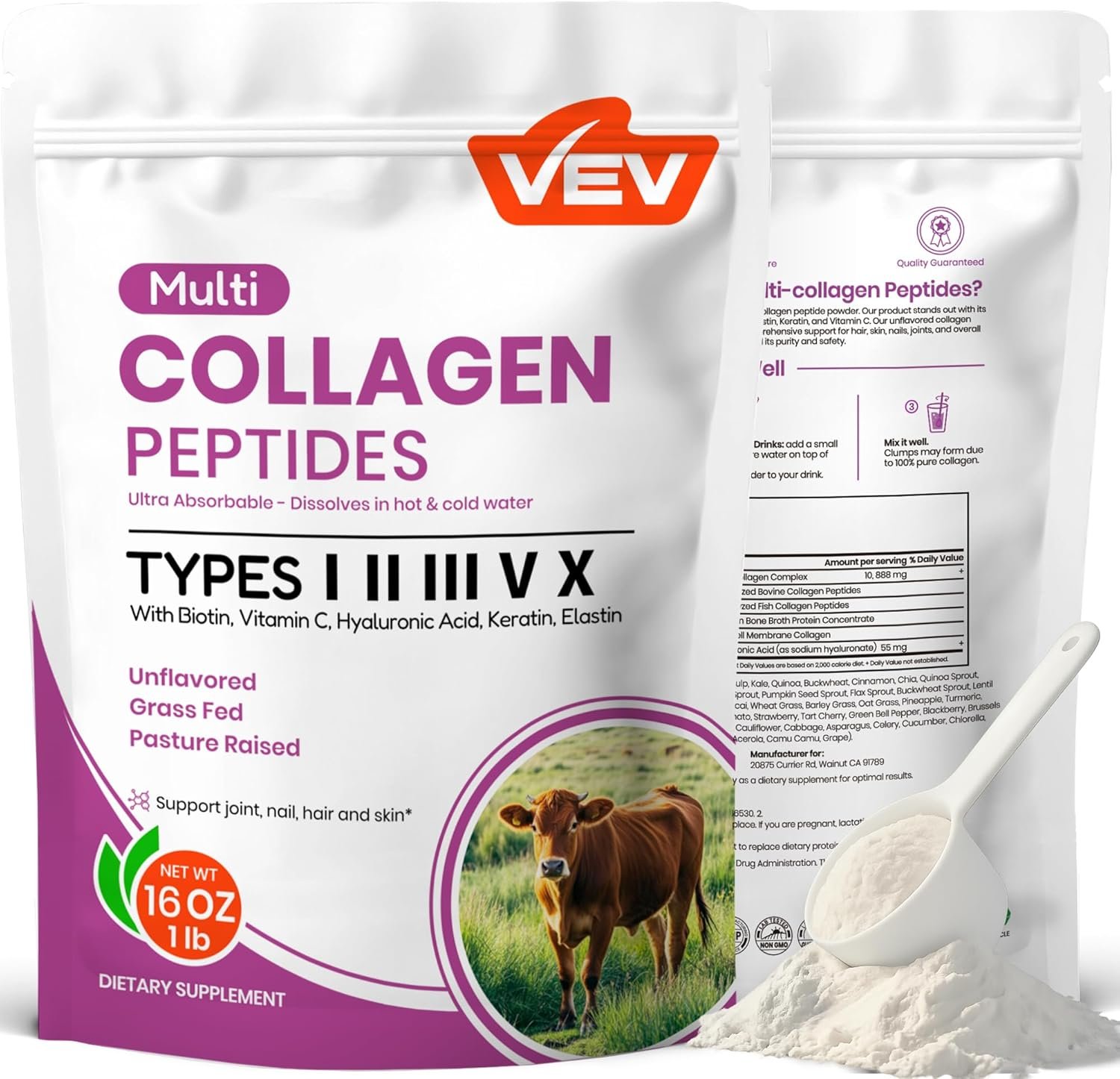 VEV Multi Collagen Peptides Powder, 16 oz (41 Servings) – Type I, II, III, V, X, Hydrolyzed Collagen, Hyaluronic Acid, Biotin, Vitamin C, Supports Skin, Unflavored, Dissolves Easily, Keto-Friendly