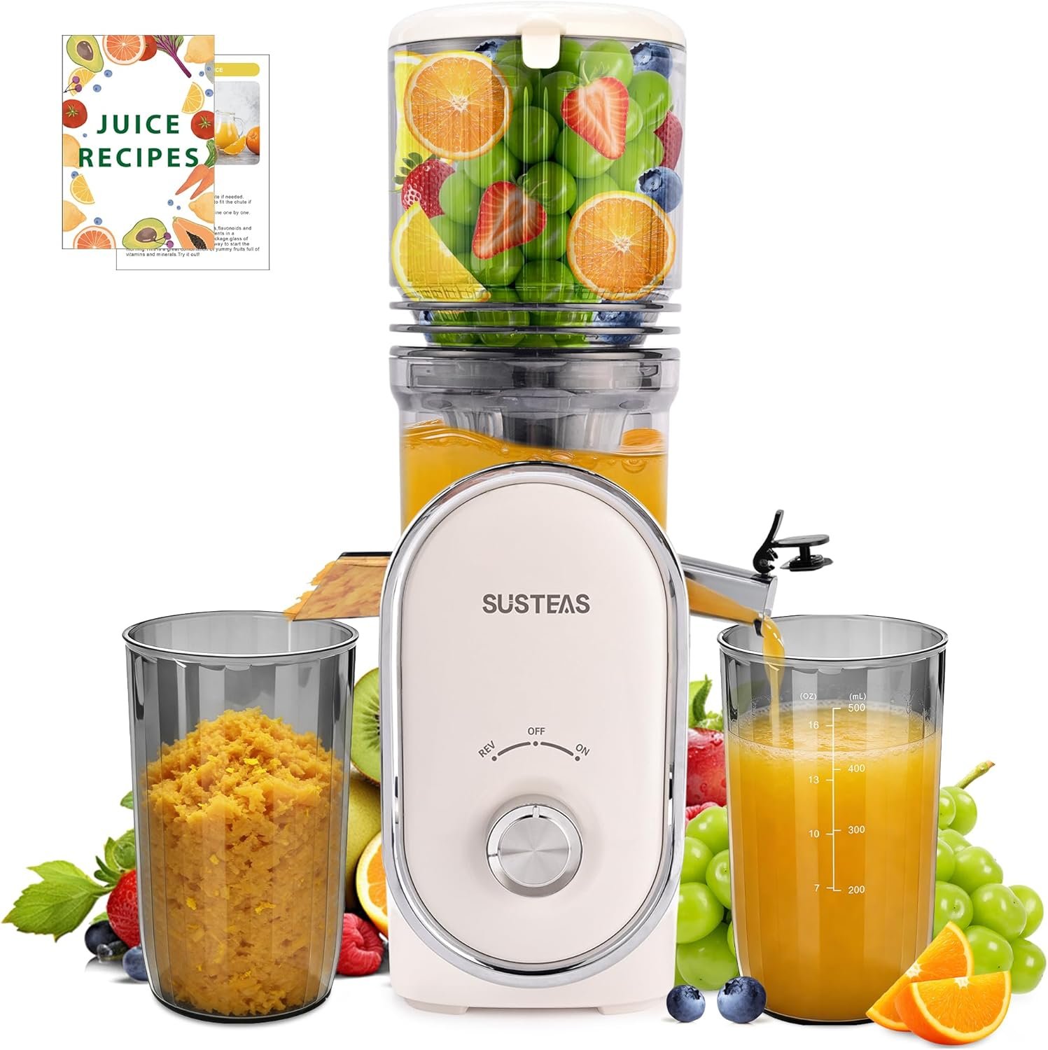 SUSTEAS Cold Press Juicer, 5.3″ Feed Chute Slow Masticating Machines with 300W, Fit Whole Fruits & Vegetables, High Juice Yield, Easy to Clean, White