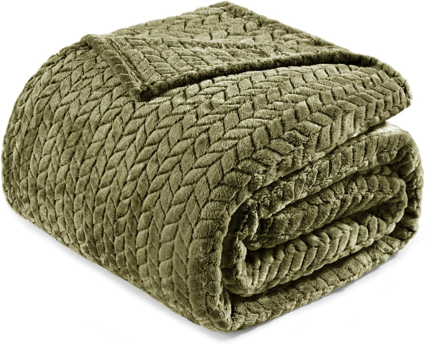 Exclusivo Mezcla Fleece Blanket King Size for Bed, Soft Fuzzy Plush Warm Lightweight Jacquard Flannel Blankets for Women, 90×104 Inches, Olive Green